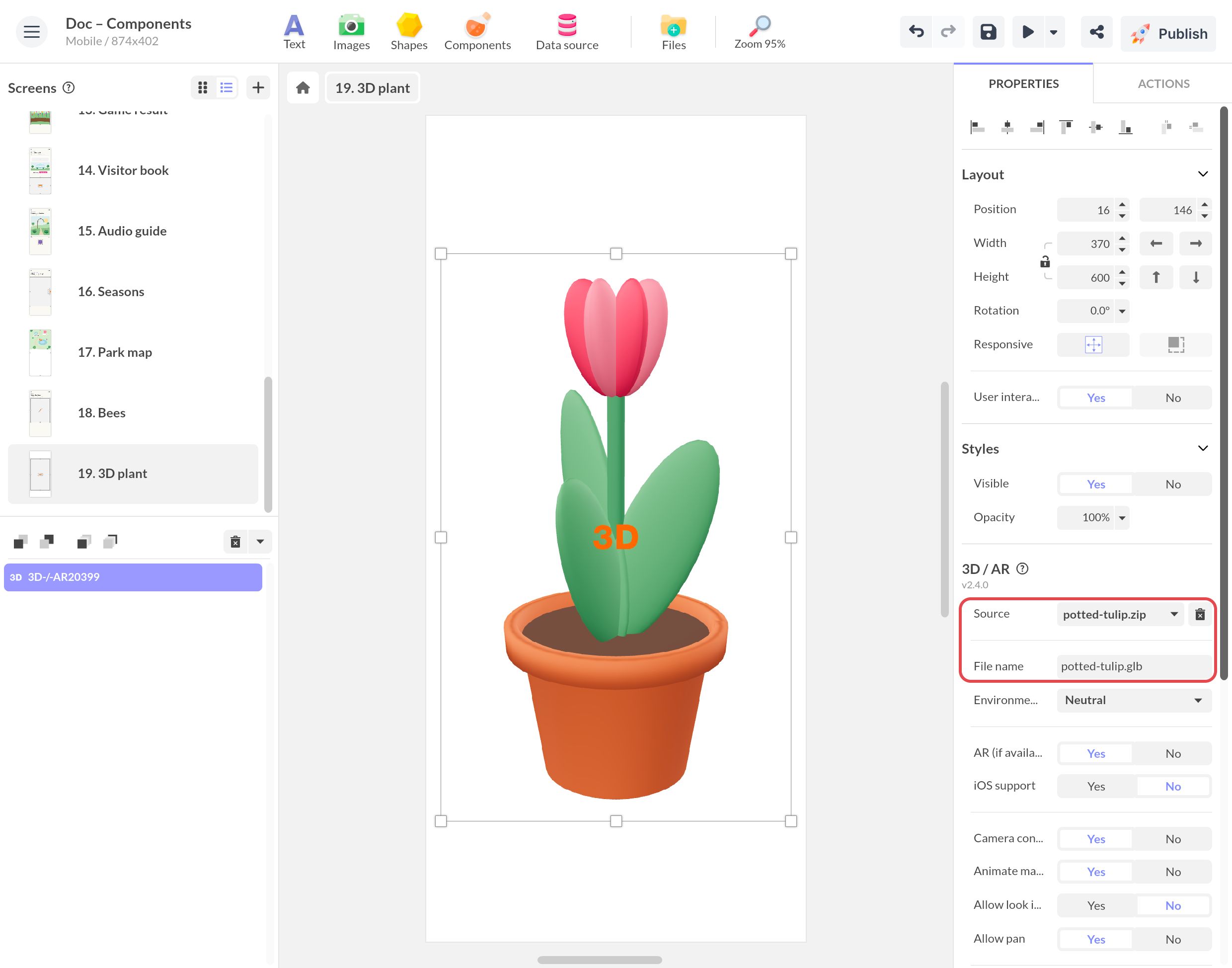 Composant 3D / AR d'un écran de tulipe en pot : Source sur potted-tulip.zip et Nom du fichier sur potted-tulip.glb, le fichier du ZIP