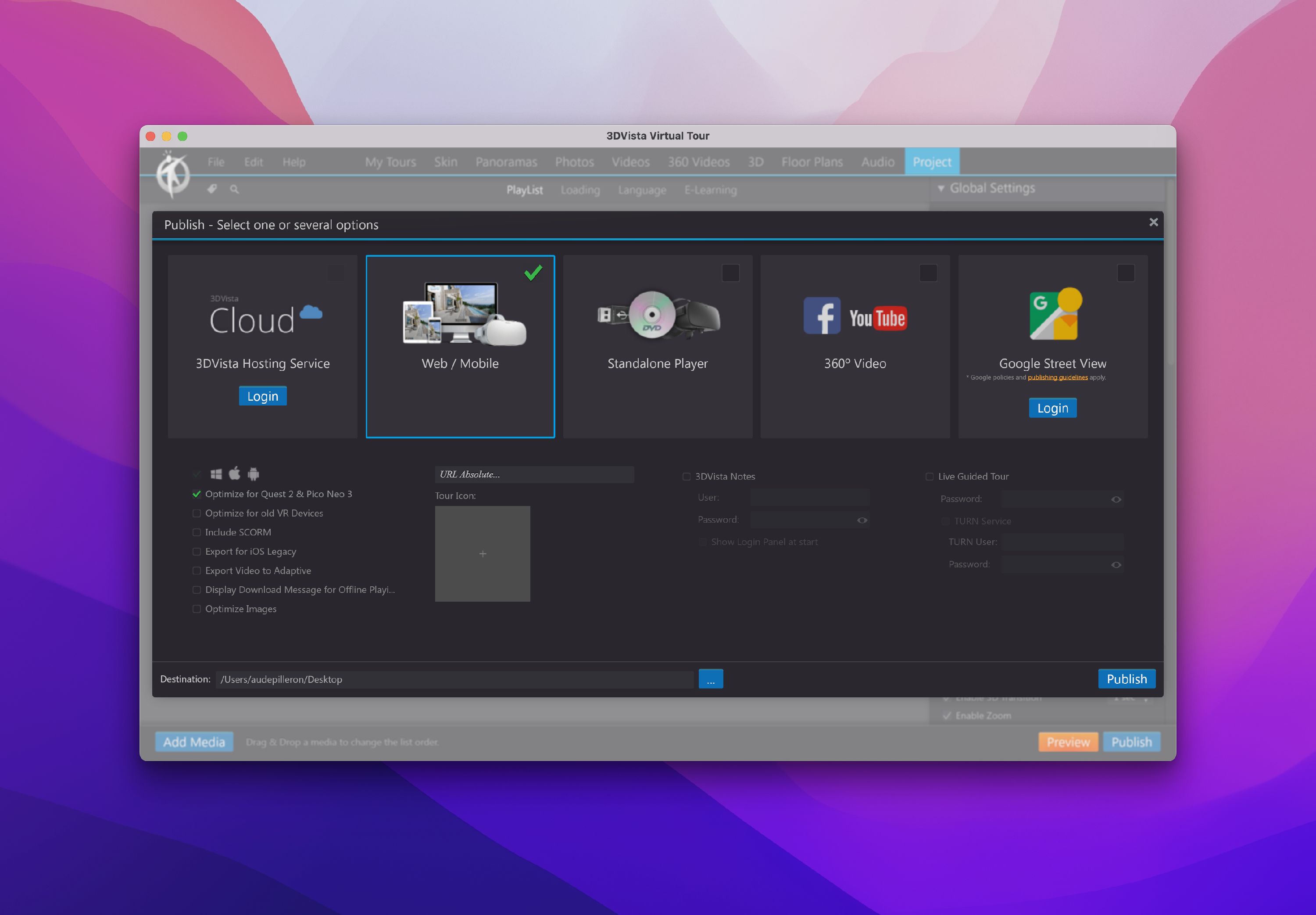 3D Vista publish settings