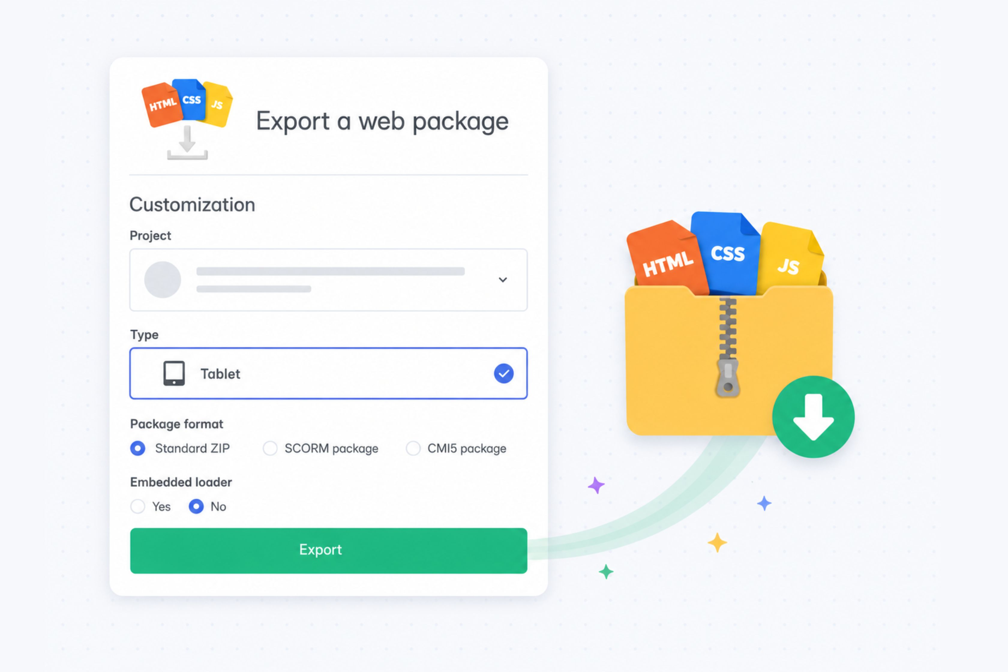 Export a web package form with project, type, package format, and embedded loader options