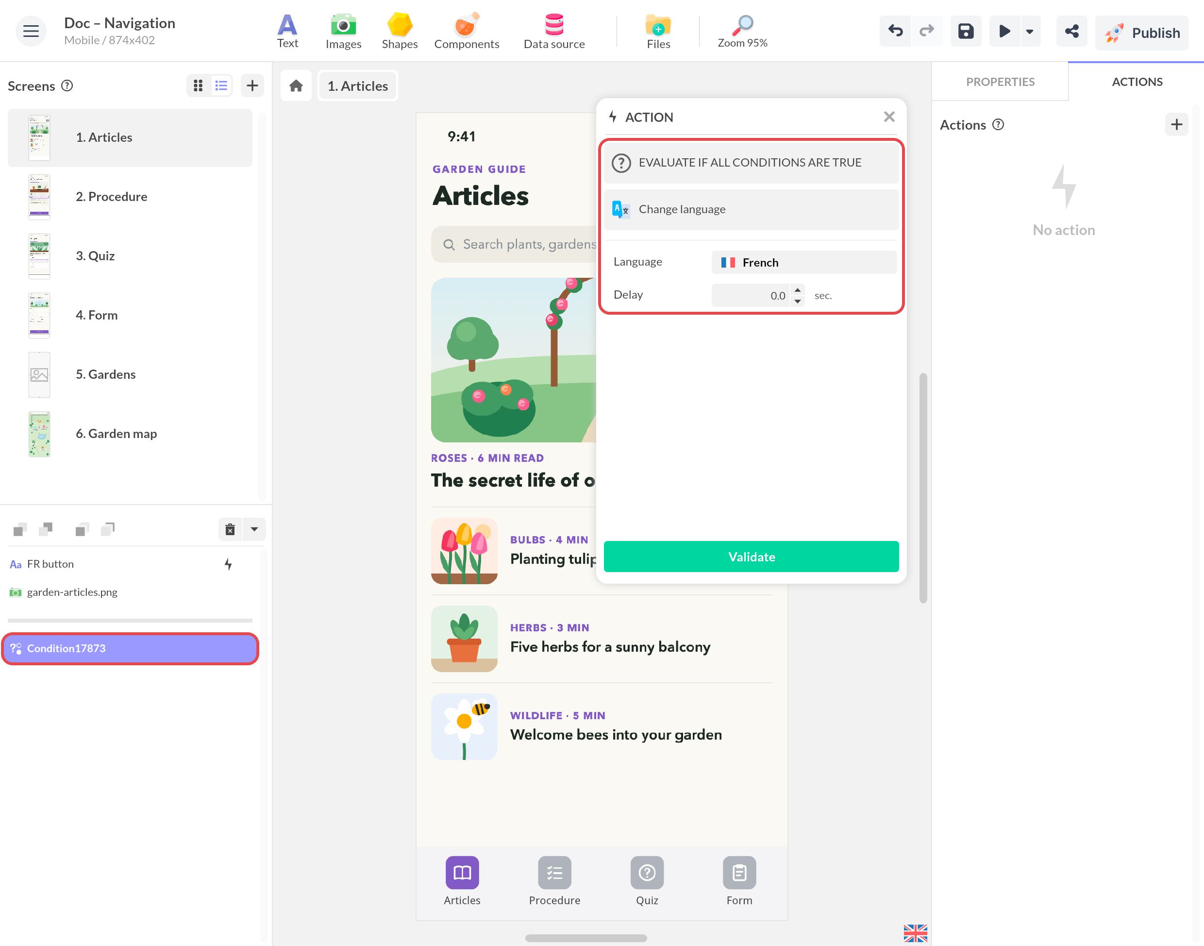 Action conditionnelle : quand toutes les conditions du composant Condition sont vraies, Changer de langue passe l'app en français