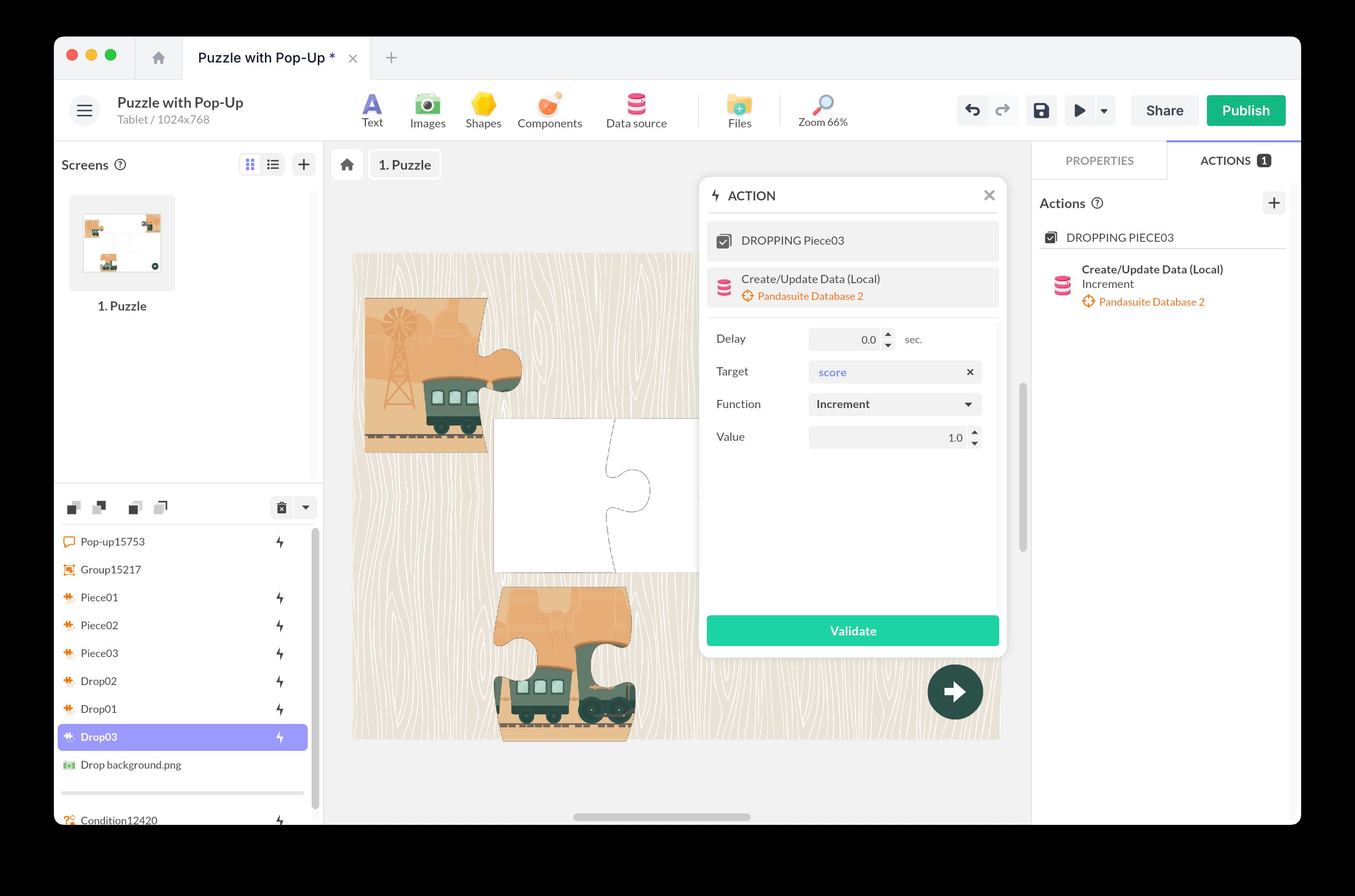 Action setup for incrementing score