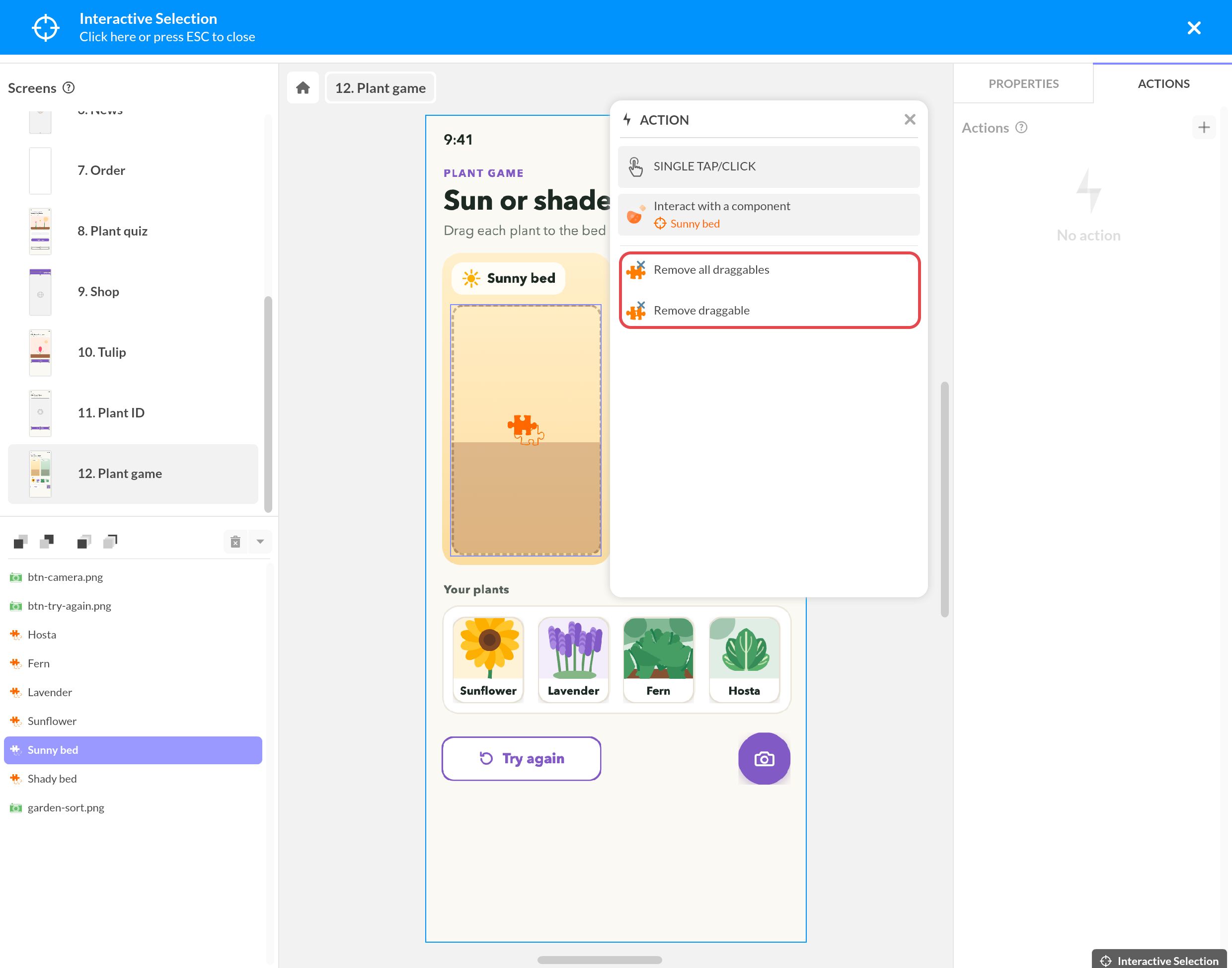 Bouton Try again : au clic, Agir sur un composant sur Sunny bed propose Enlever tous les glissables et Enlever glissable