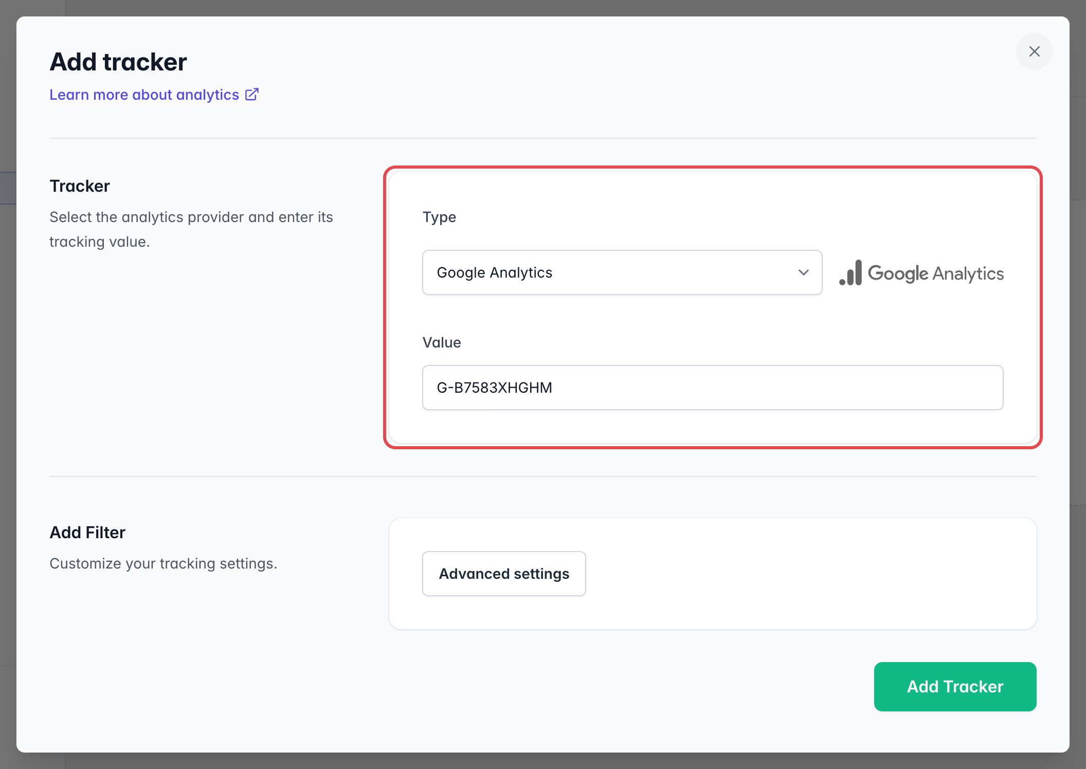 Fenêtre Ajouter un tracker du dashboard PandaSuite, encadrée : type Google Analytics et Measurement ID G-B7583XHGHM en valeur