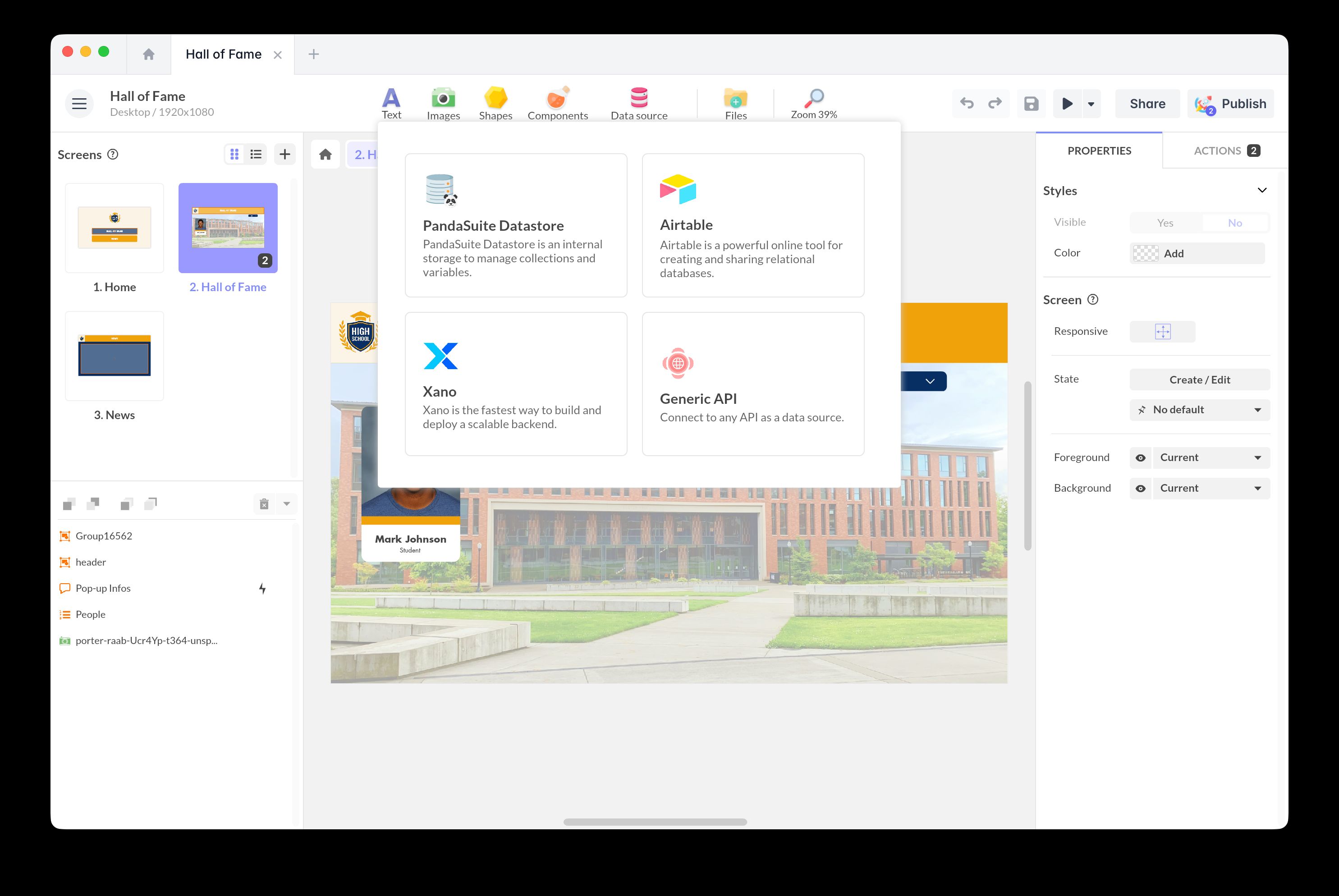 Data source menu in PandaSuite Studio showing PandaSuite Datastore, Airtable, Xano, and Generic API options