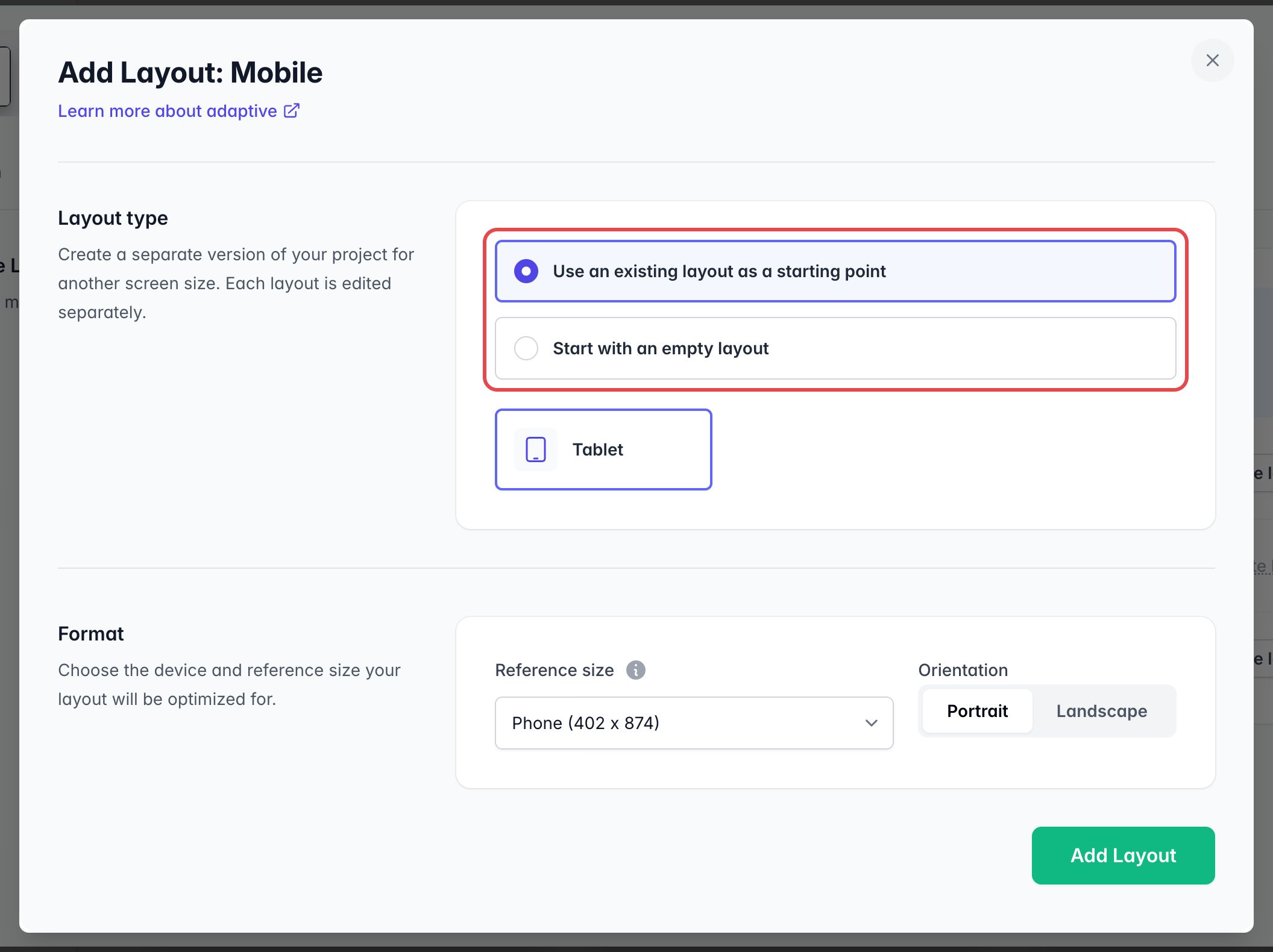 Fenêtre Add Layout: Mobile : les deux types de layout sont encadrés, au-dessus de la taille de référence et de l'orientation