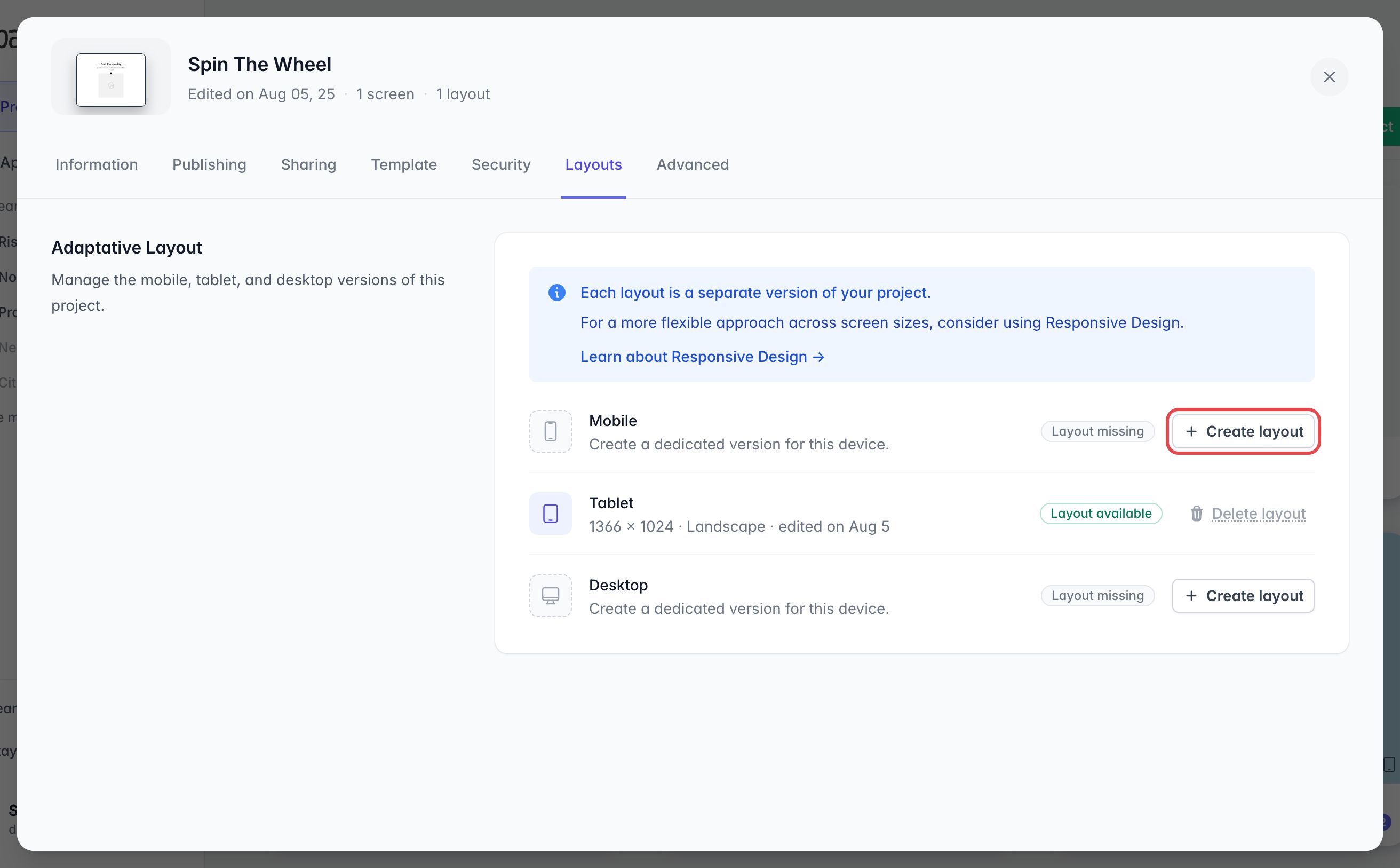 Onglet Layouts des réglages du projet : Mobile, Tablet et Desktop, avec le bouton Create layout de Mobile encadré