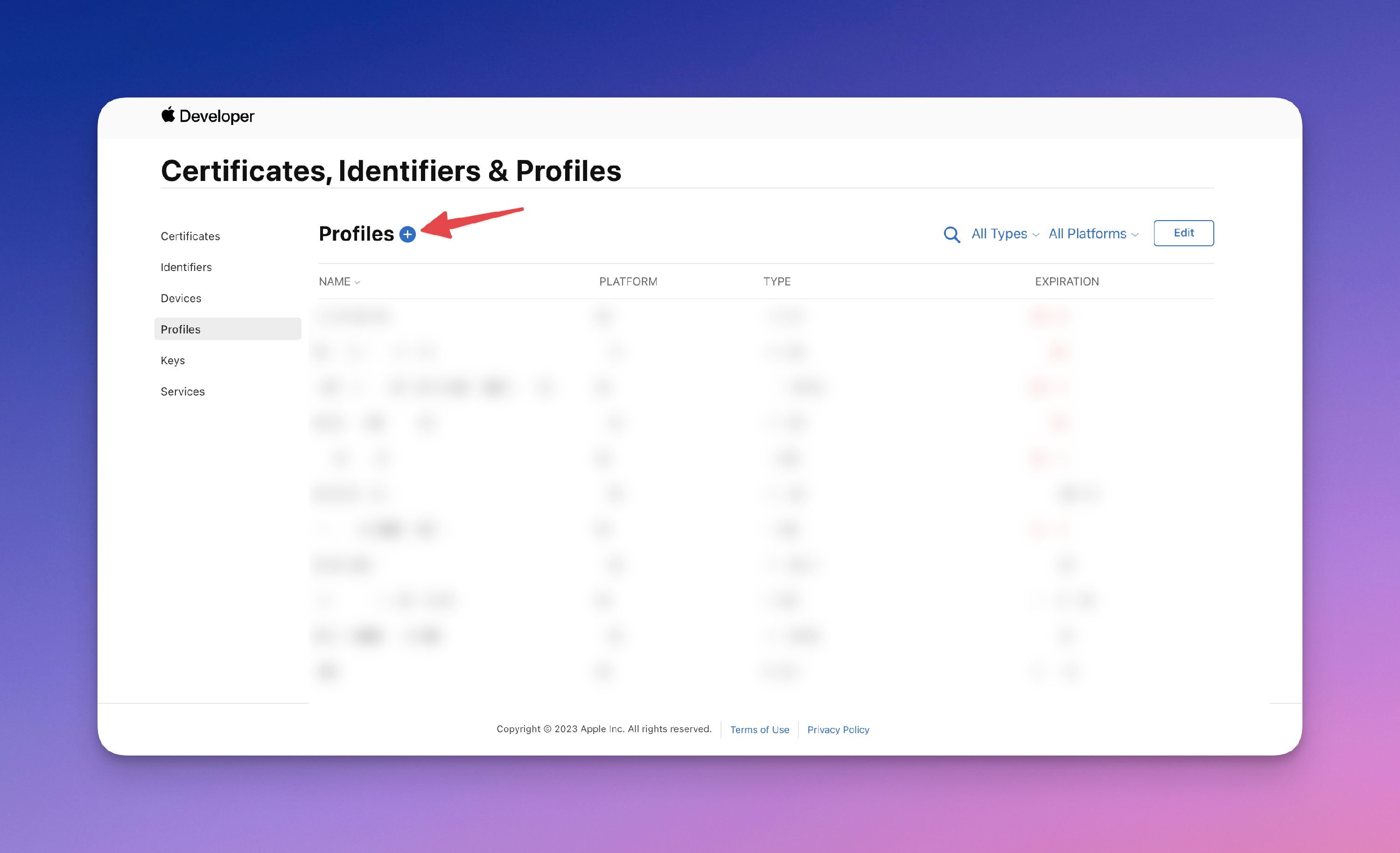 add new profile button