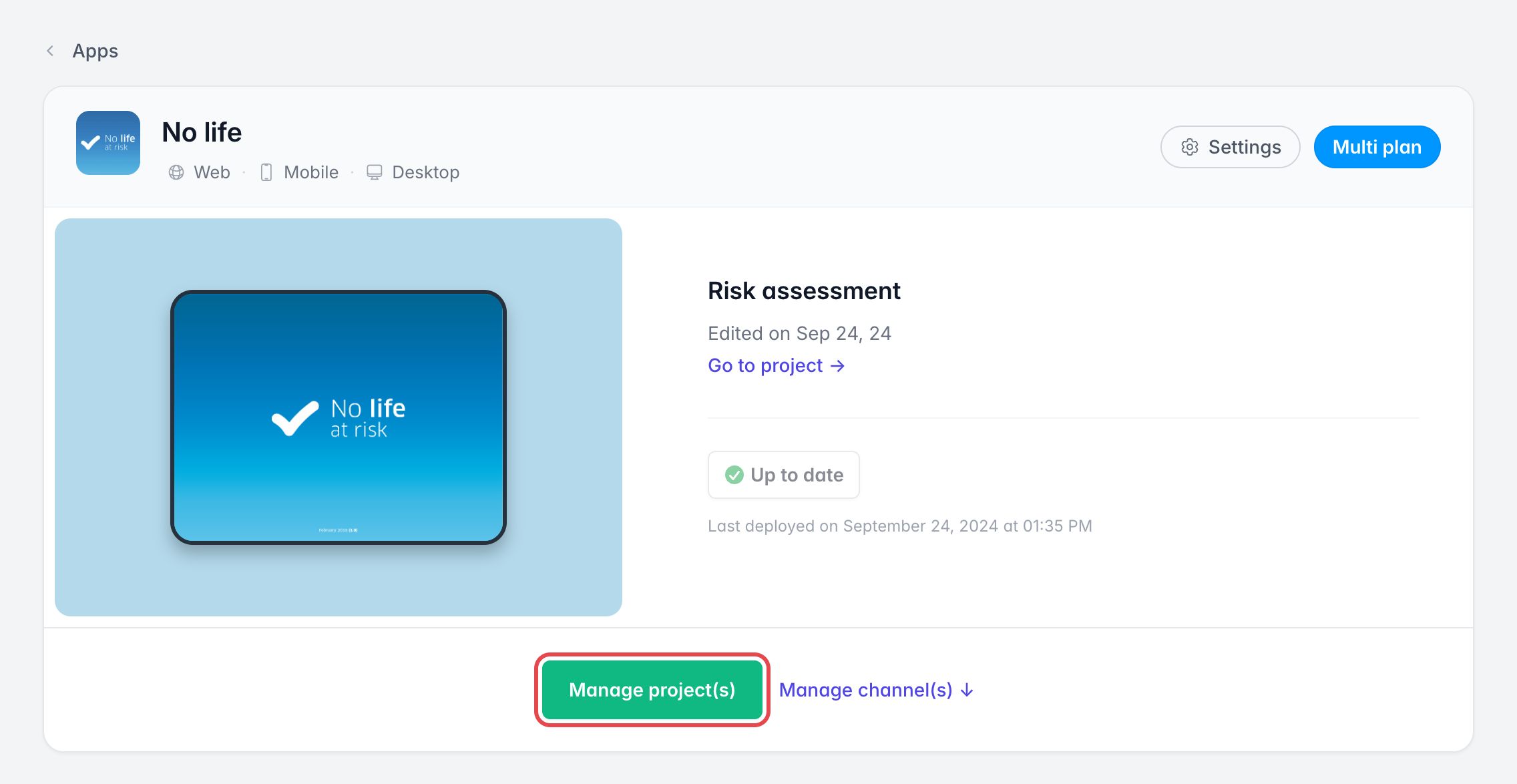 Page de l'app dans le dashboard : le bouton Manage project(s), qui sert à ajouter les projets par défaut, est encadré