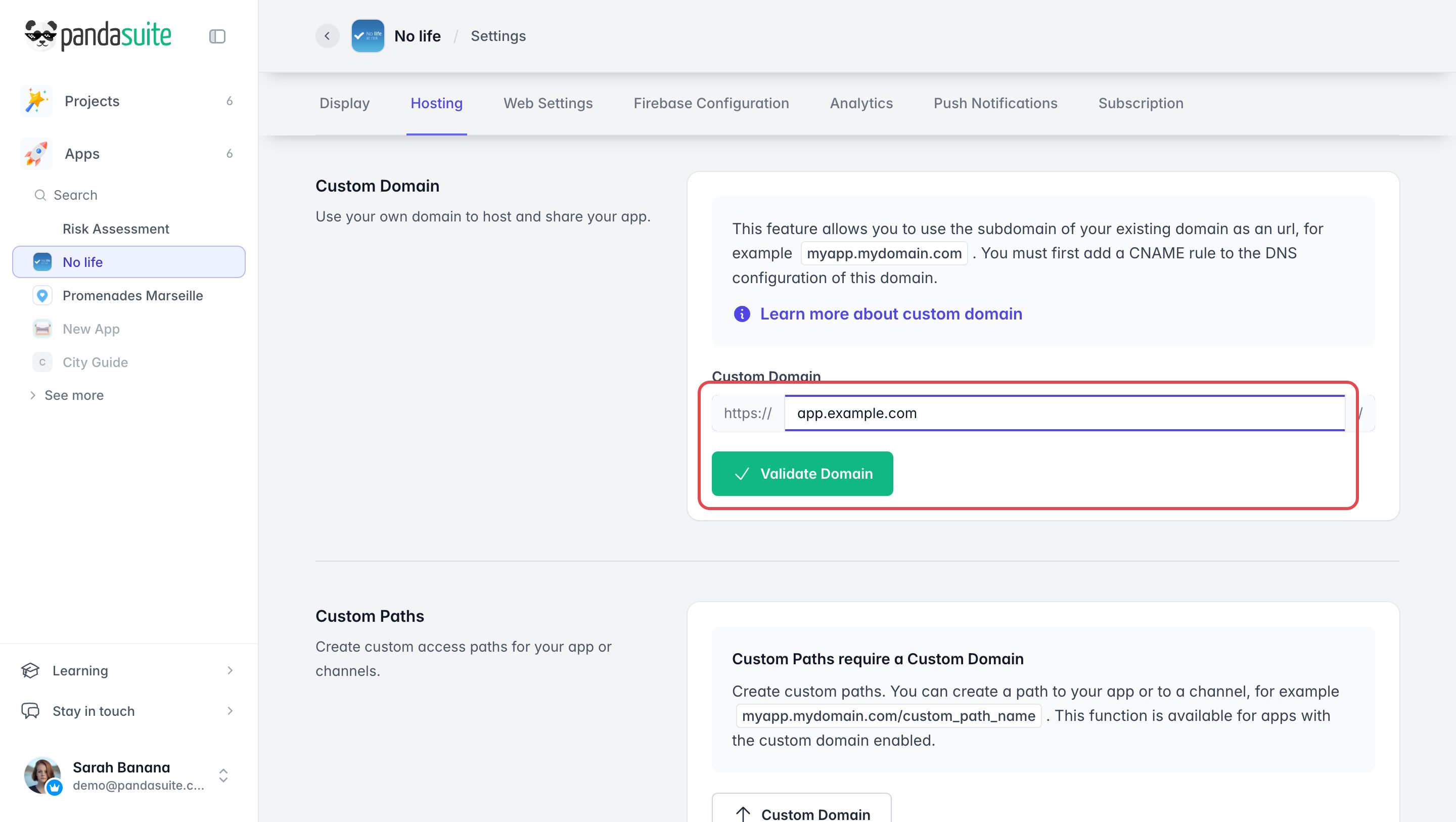 Section Custom Domain de l'onglet Hosting : le domaine saisi après https:// et le bouton Validate Domain sont encadrés