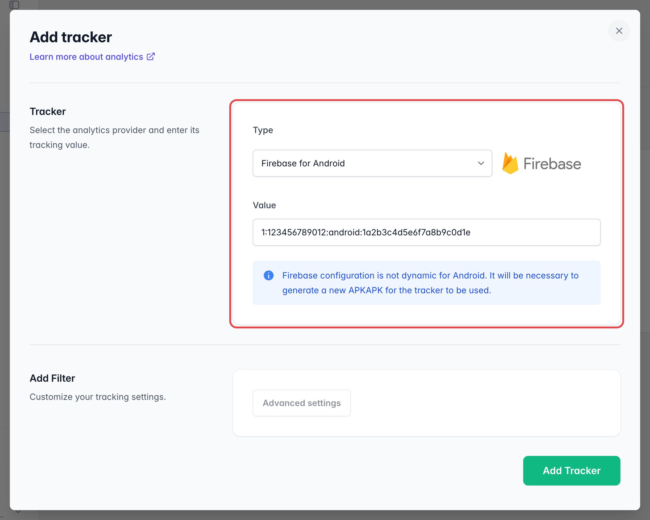 Fenêtre Ajouter un tracker : type Firebase pour Android et ID de l'application Firebase au format long 1:…:android:…
