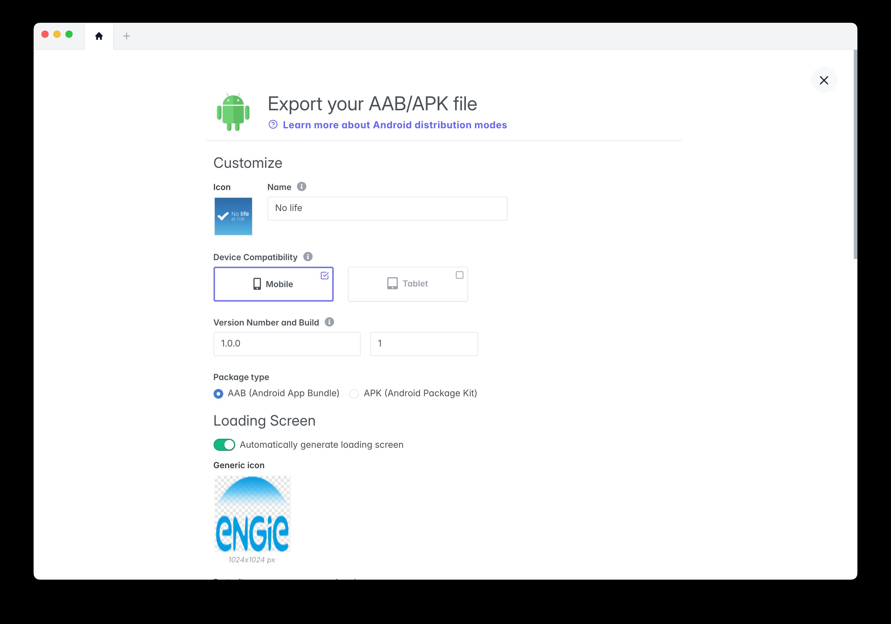 Illustration of the form to export an APK or AAB