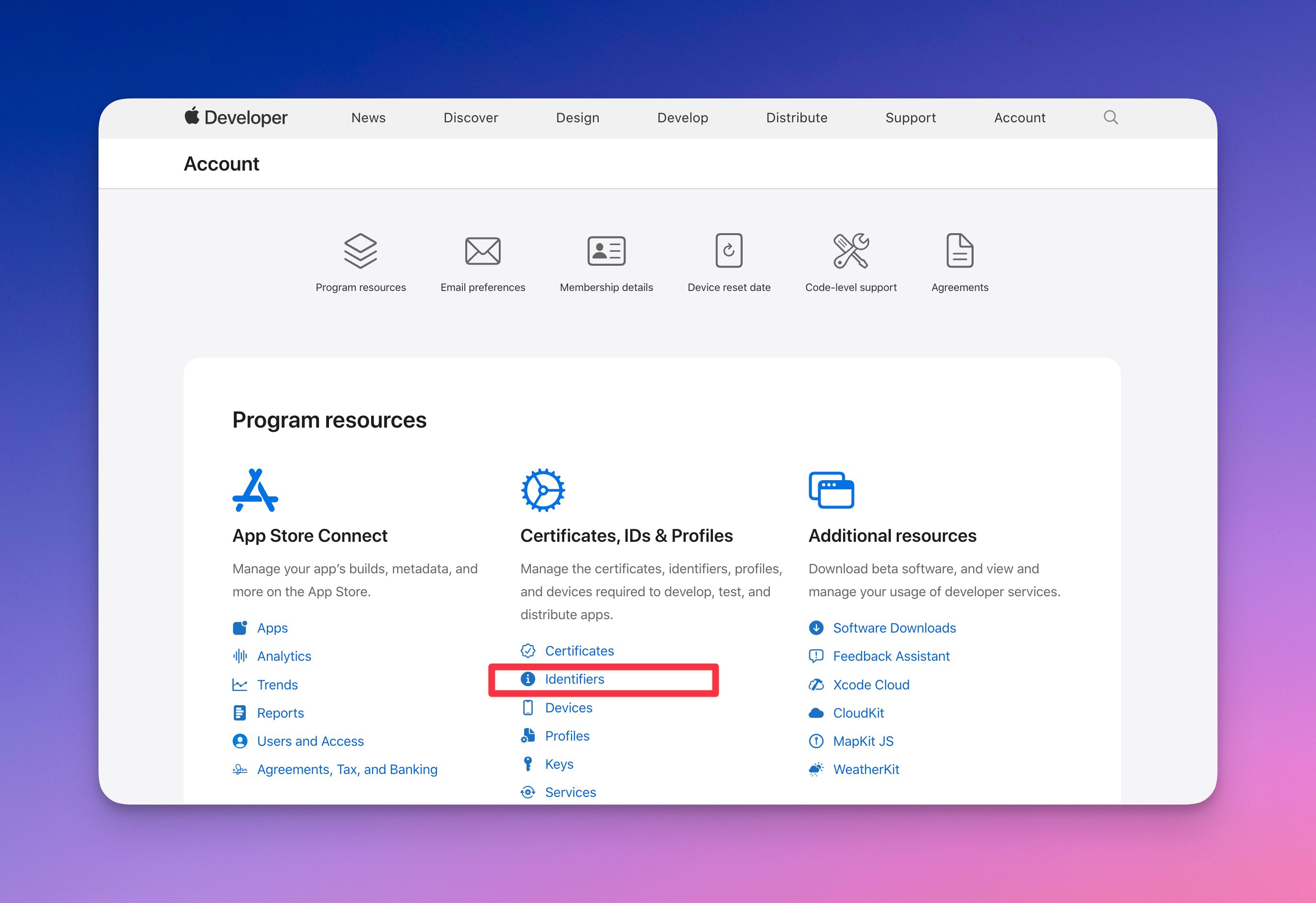 Apple developer account identifiers screen