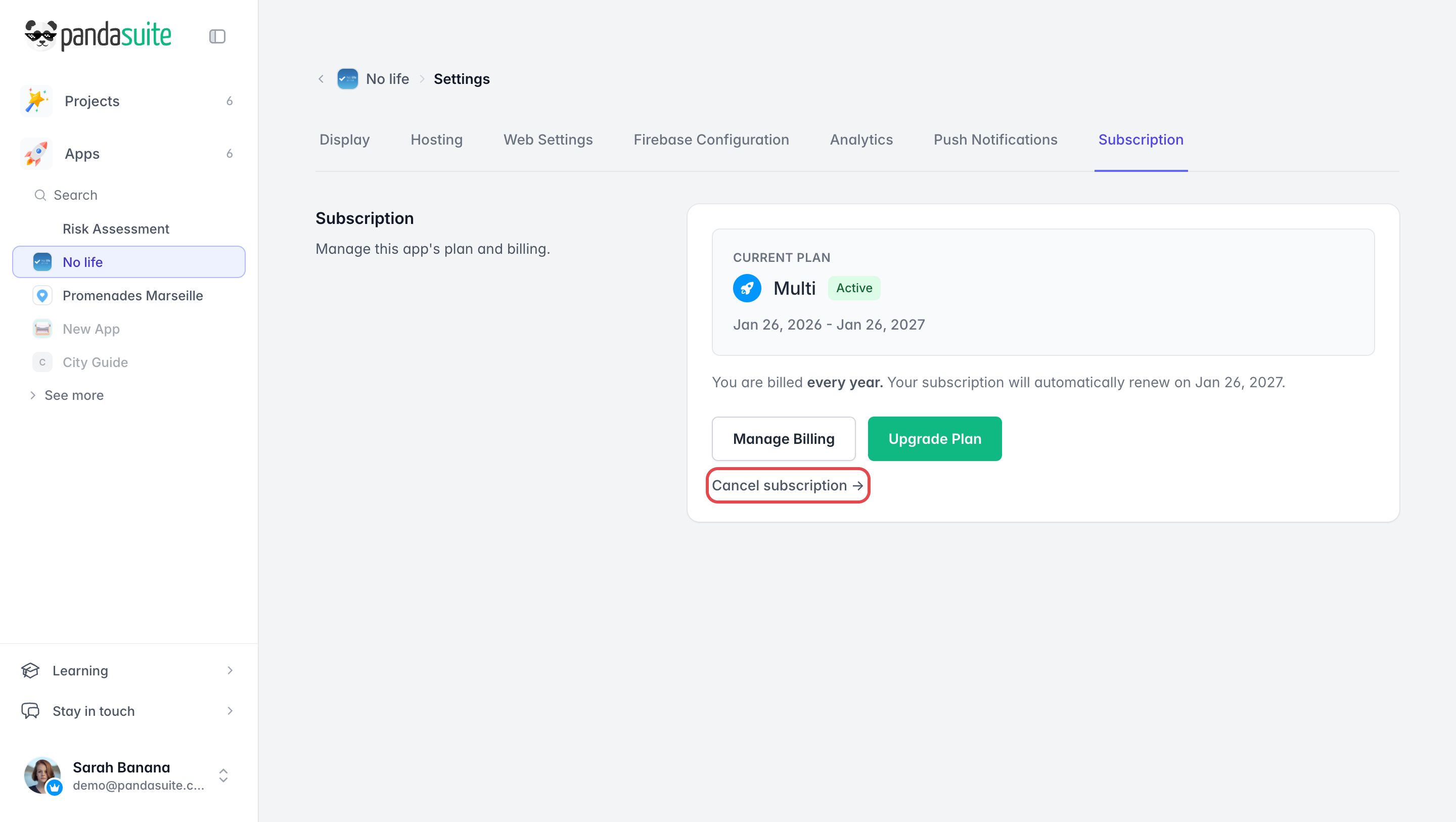 Onglet Subscription des paramètres d'une app : la formule Multi active avec Manage Billing et Upgrade Plan, et le lien Cancel subscription encadré