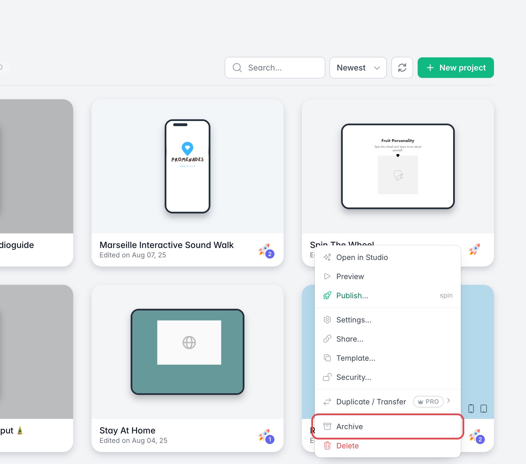 Menu d'un projet du dashboard, ouvert depuis son bouton ···, avec Archive encadré au-dessus de Delete