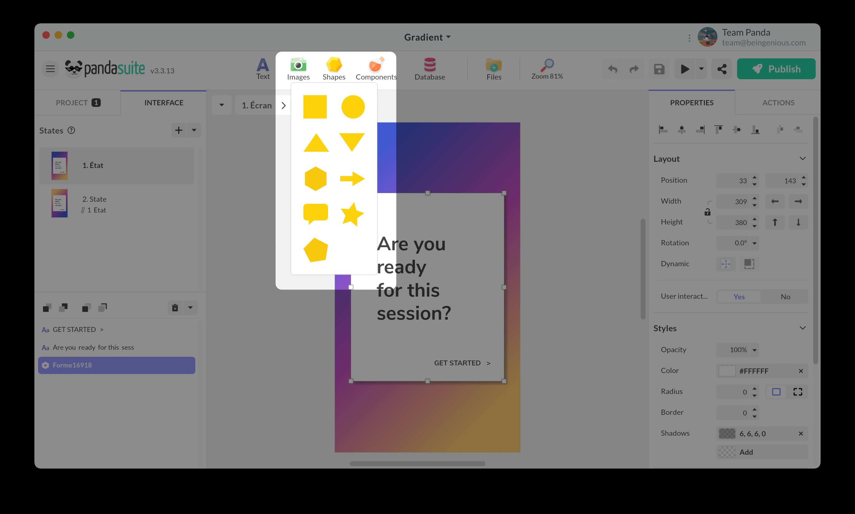 Available shapes in PandaSuite Studio
