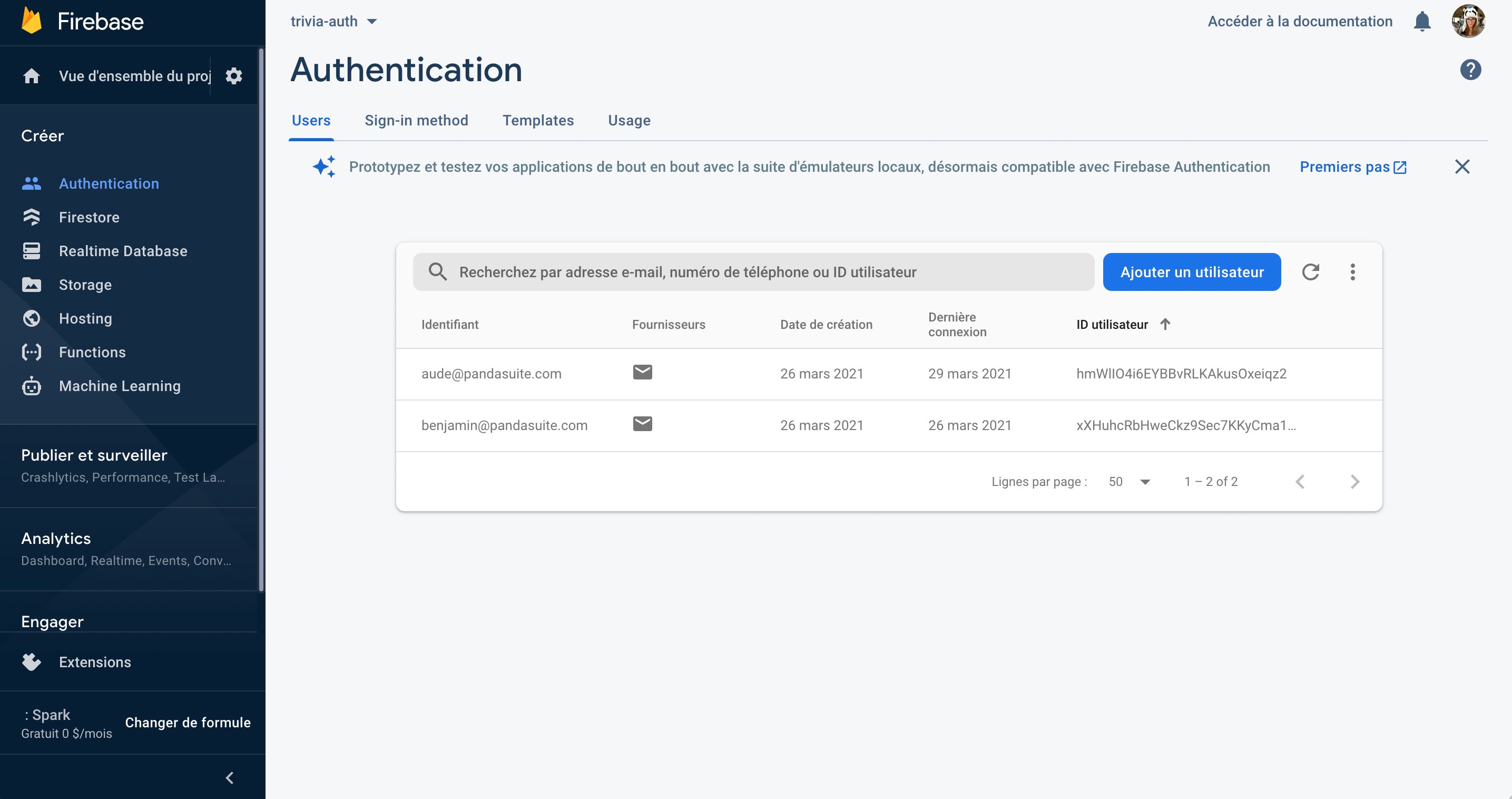 base utilisateurs firebase