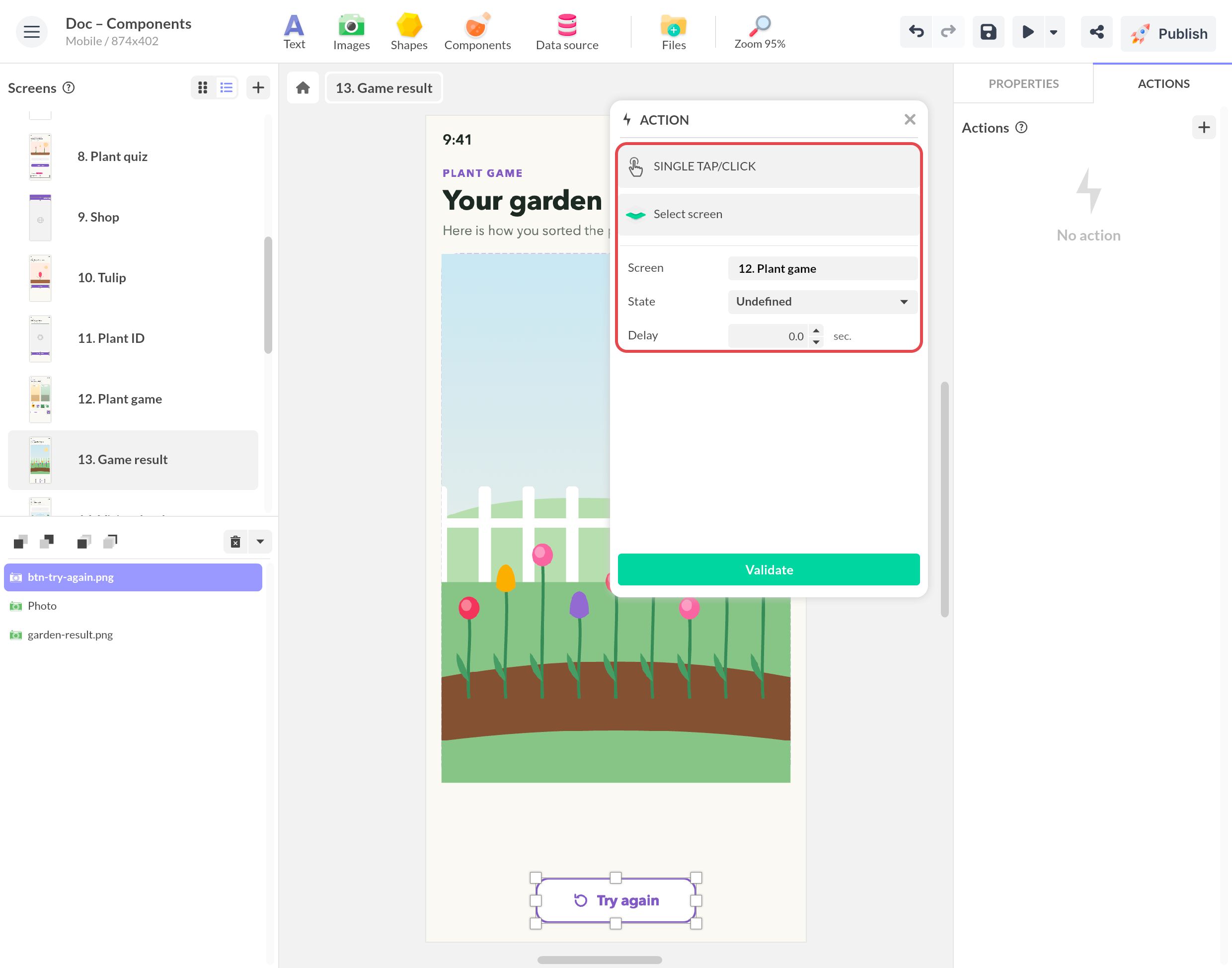 Bouton Try again d'un écran de résultat de jeu : Single tap/click puis Change screen › Select screen, vers 12. Plant game, encadrés