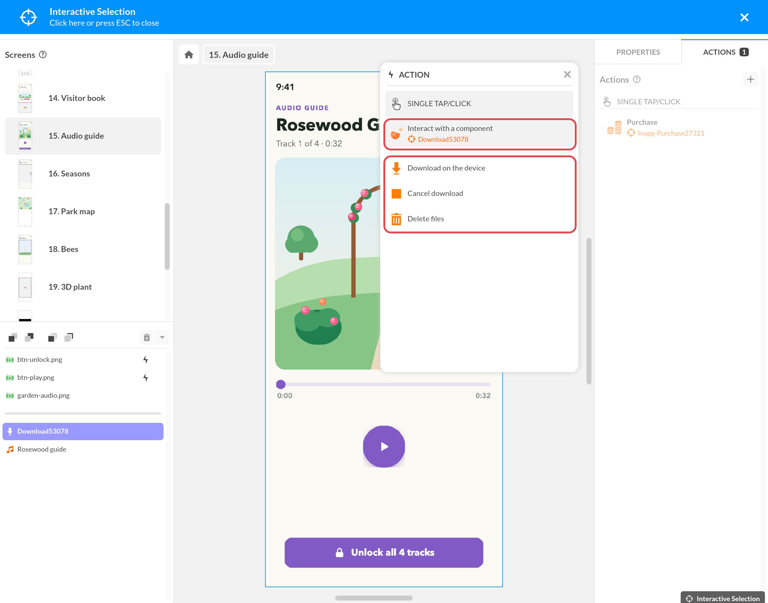 Fenêtre Action d'un bouton : Agir sur un composant, sur le composant Téléchargement, avec ses trois actions, dont Télécharger sur l'appareil