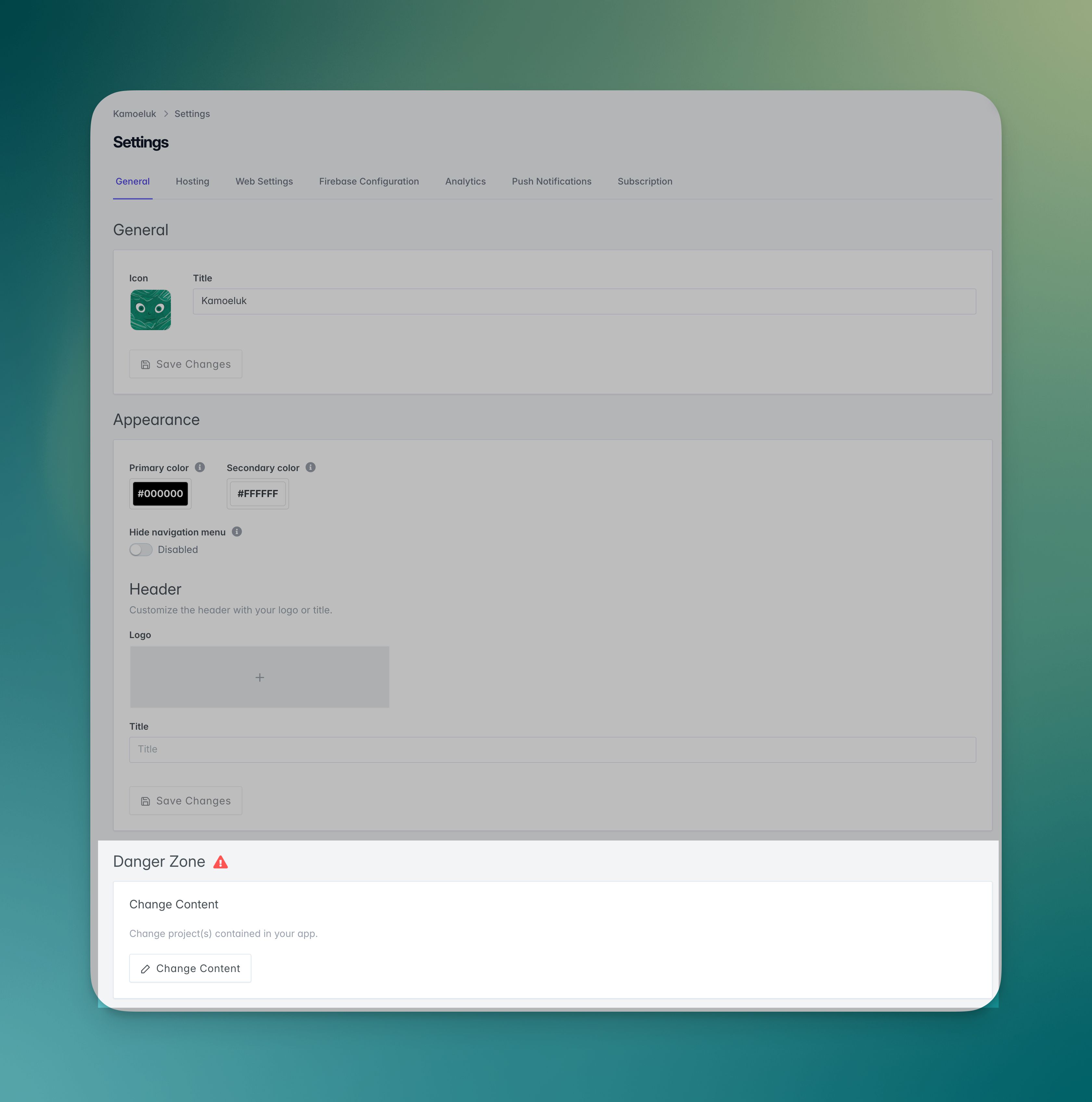 Change Content button in the Danger Zone of Settings