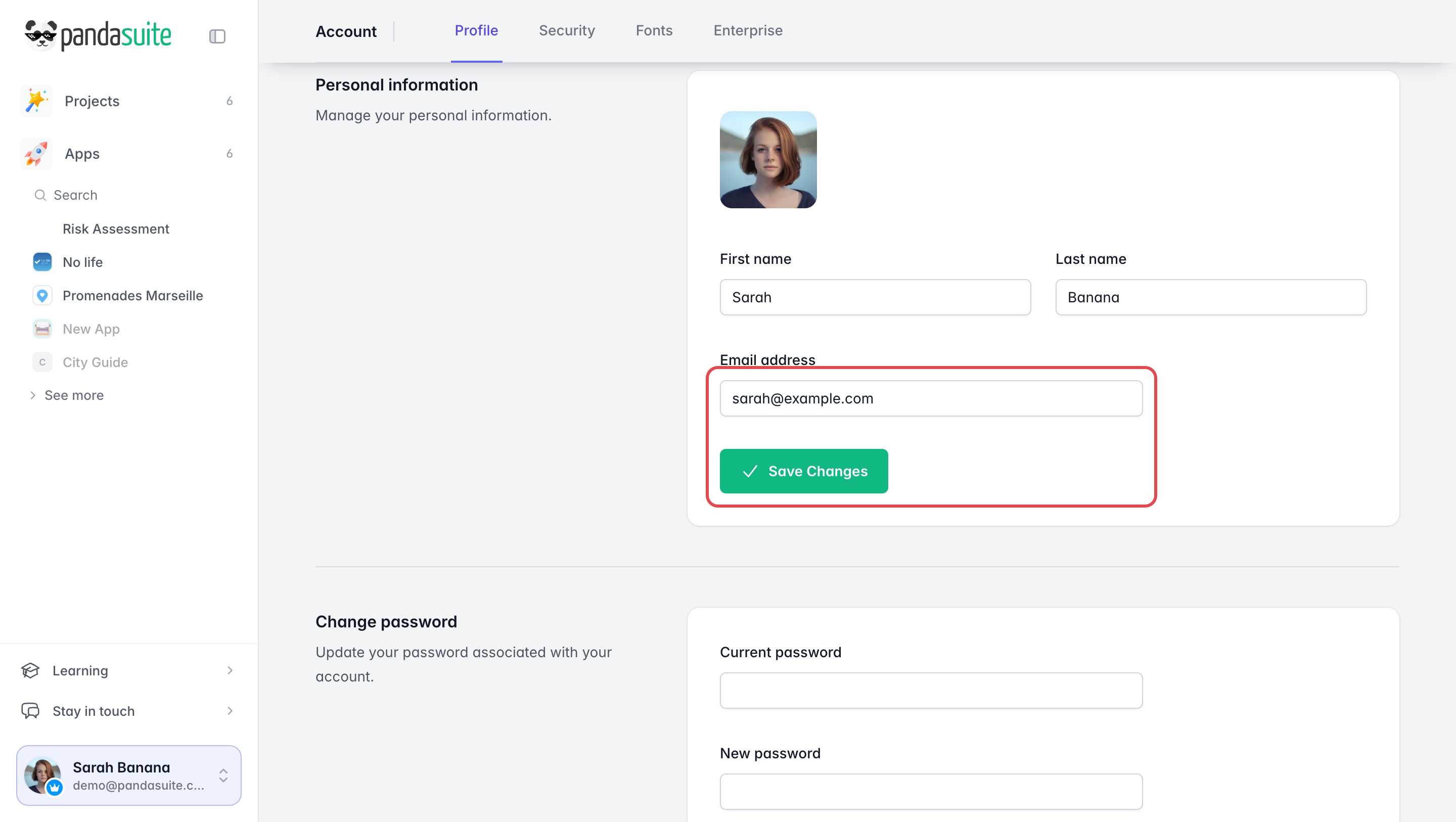 Section Personal information de l'onglet Profile : le champ Email address, rempli avec une nouvelle adresse, et le bouton Save Changes sont encadrés