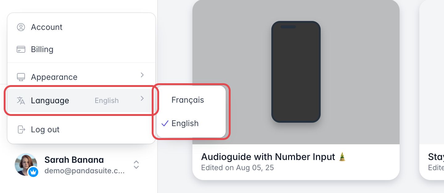 Menu du compte ouvert en bas à gauche de l'écran d'accueil : Language est encadré, avec les choix Français et English à côté