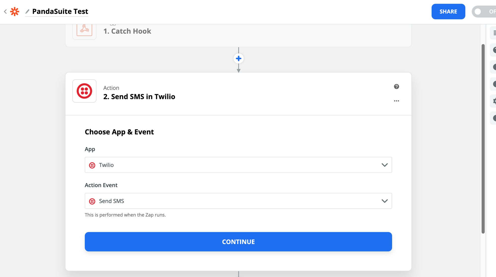 Choosing Send SMS action in Twilio