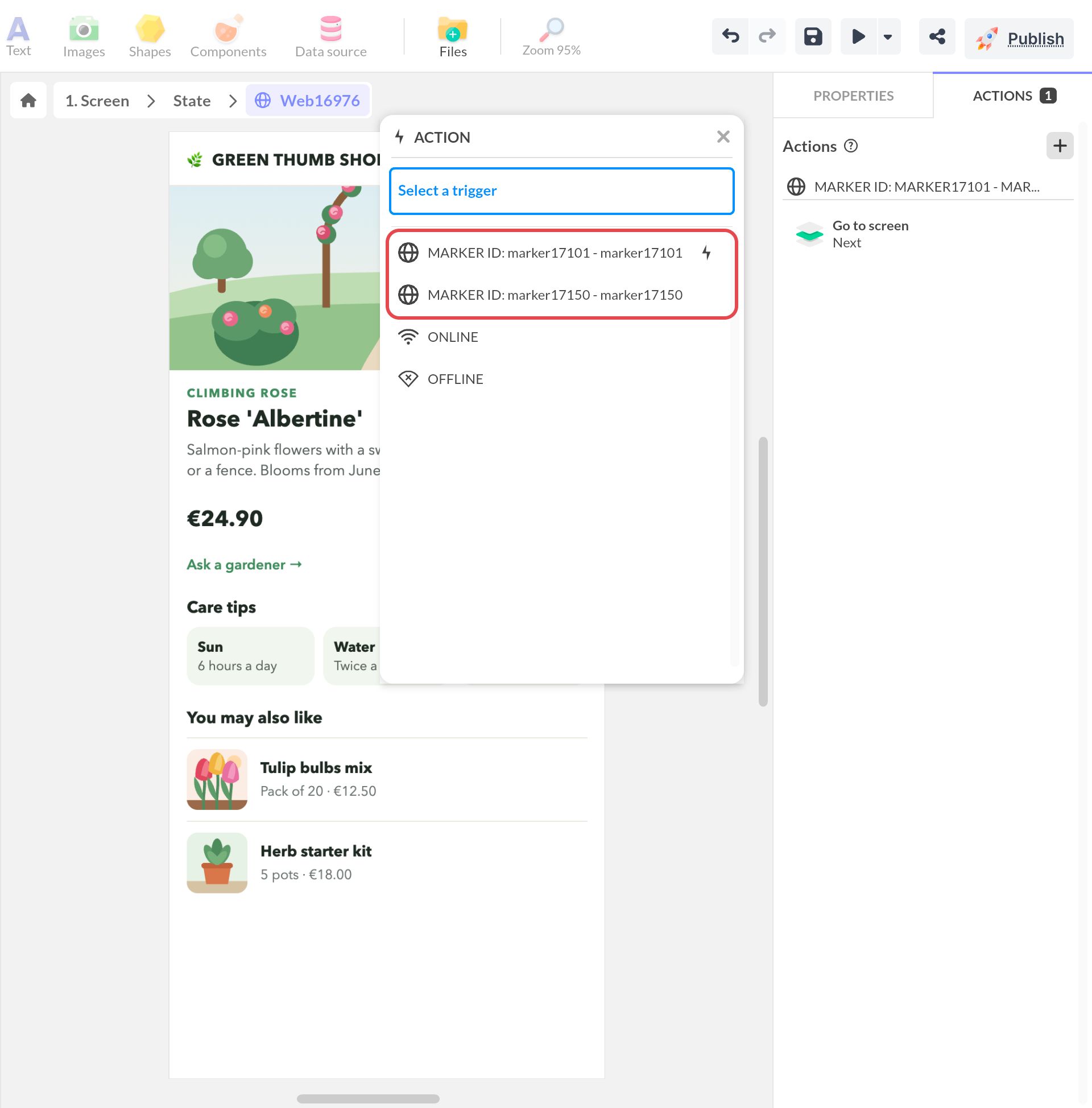Fenêtre Action du composant Web : les deux marqueurs figurent en tête de la liste des déclencheurs, avant Online et Offline