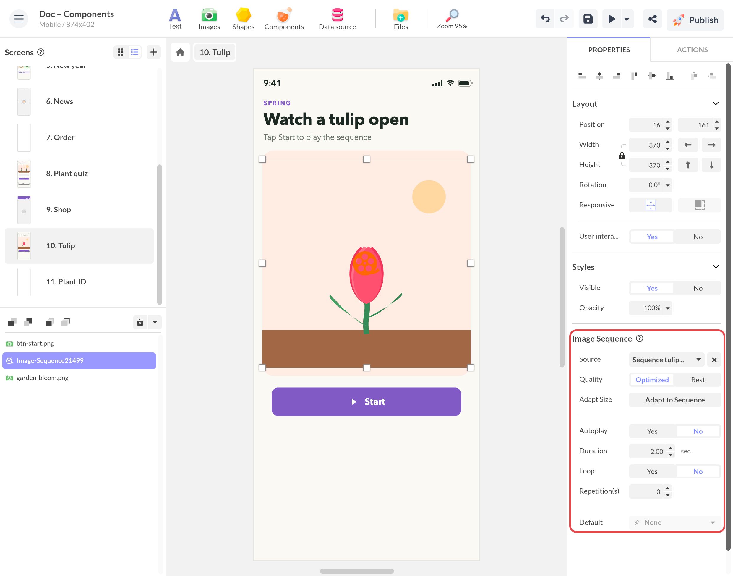 Séquence d'images d'une tulipe qui s'ouvre : Source, Qualité Optimisée, Lecture automatique désactivée, Durée 2 s, boucle désactivée