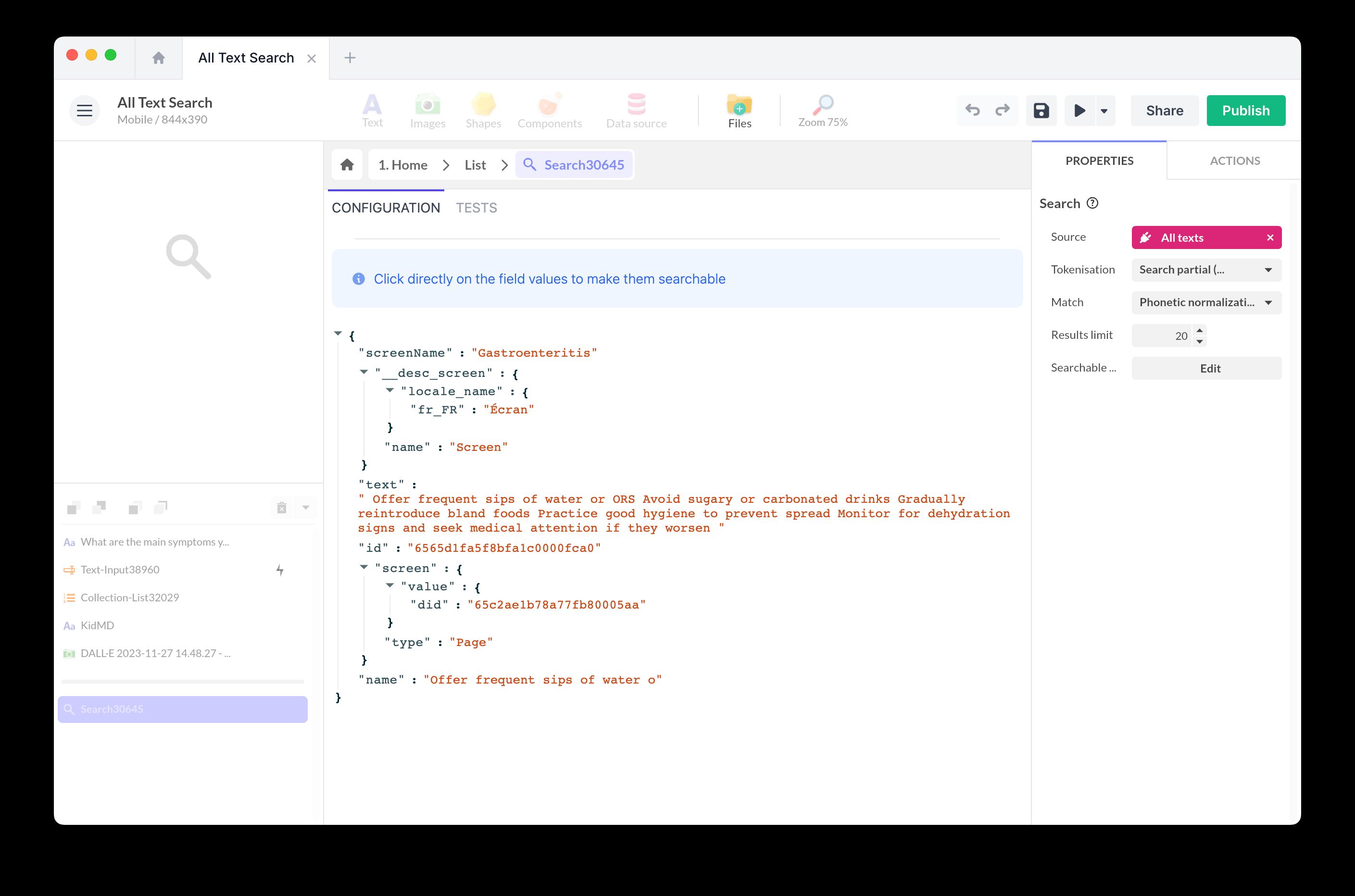 Component raw data display