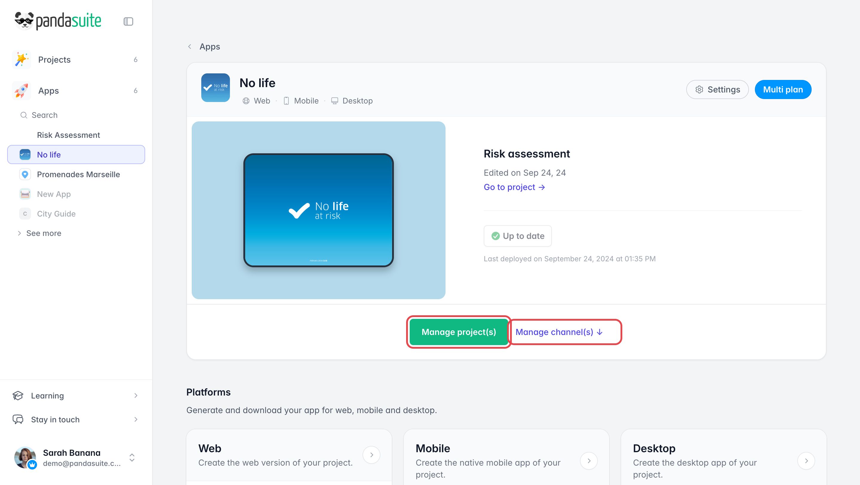 Page d'une app Multi : son projet par défaut, avec les boutons Manage project(s) et Manage channel(s) encadrés
