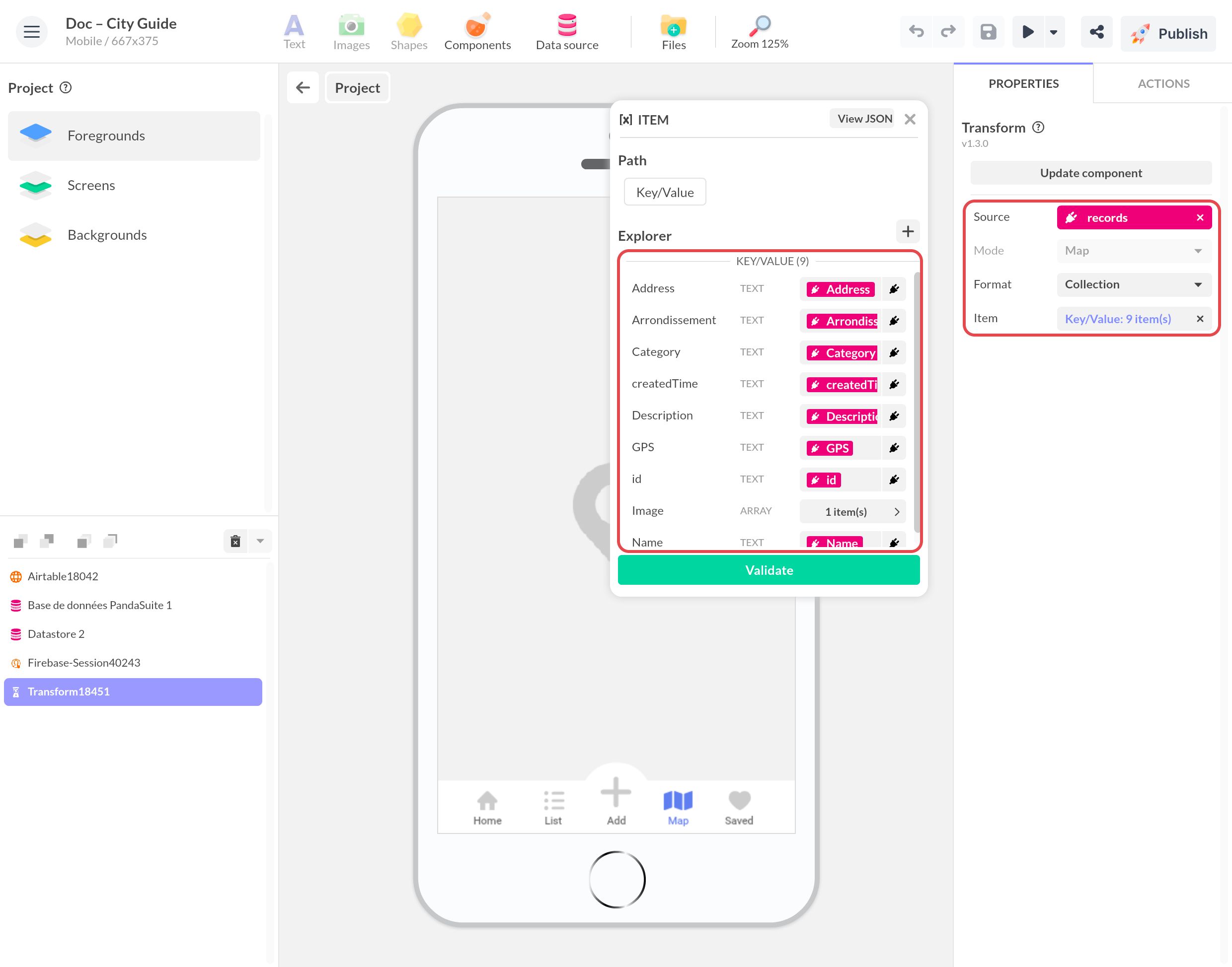 Transform réglé sur la réponse Airtable : Source records, Format Collection et un Item avec les champs Airtable (Address, Category, GPS…), encadrés