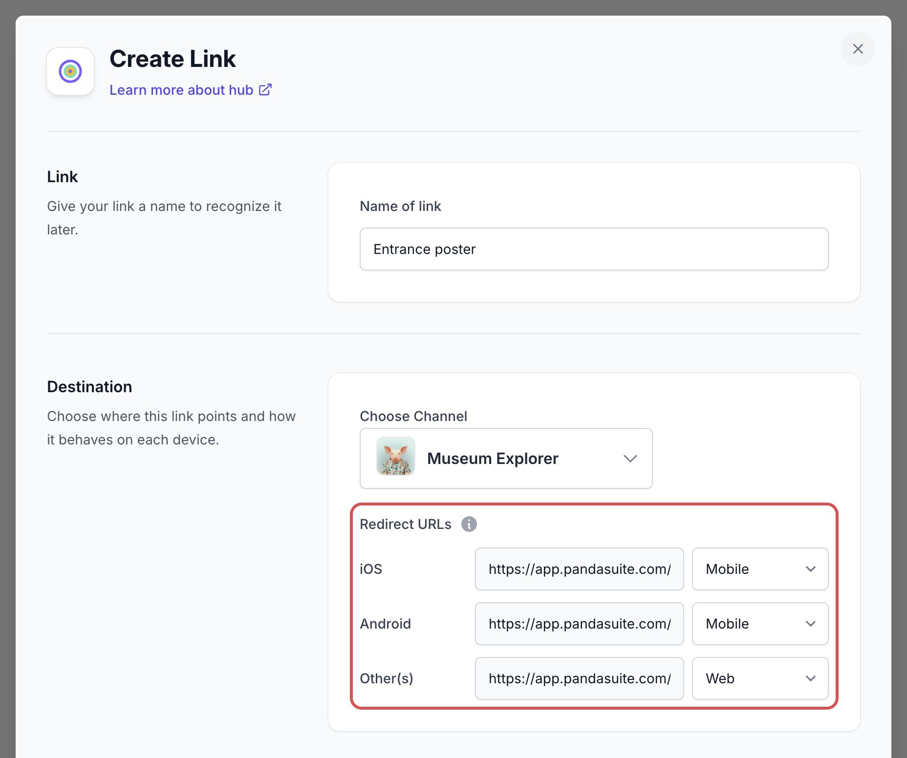 Create Link window: the link name, the Destination section, and the framed Redirect URLs for iOS, Android and other devices