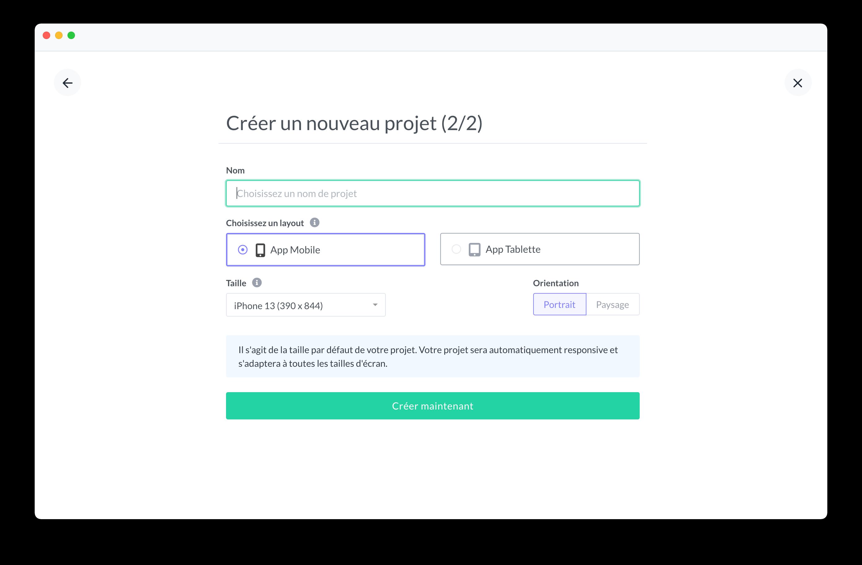Create new project screen