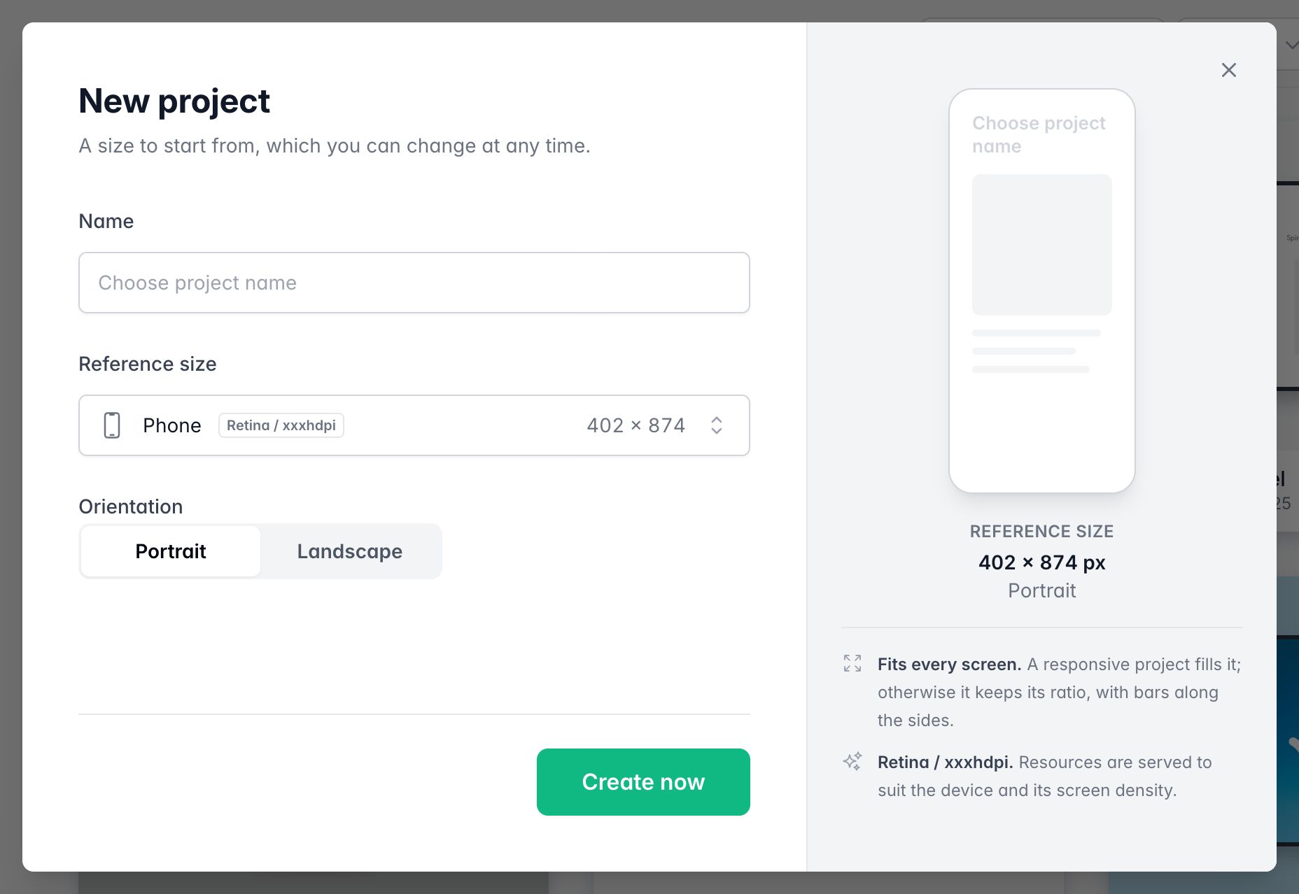 Fenêtre New project du dashboard : nom, taille de référence, orientation portrait ou paysage et bouton Create now
