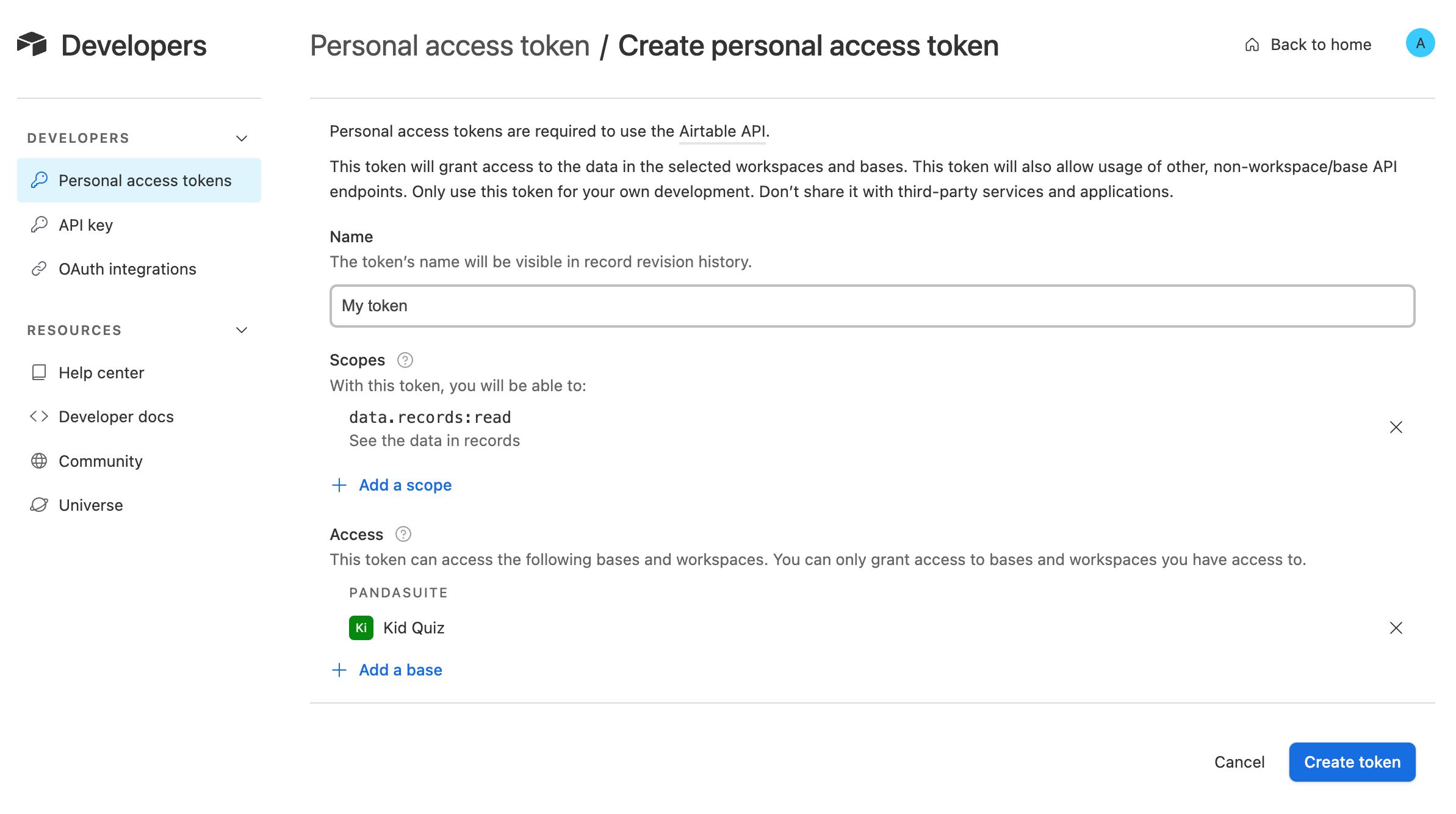 Creating a personal token