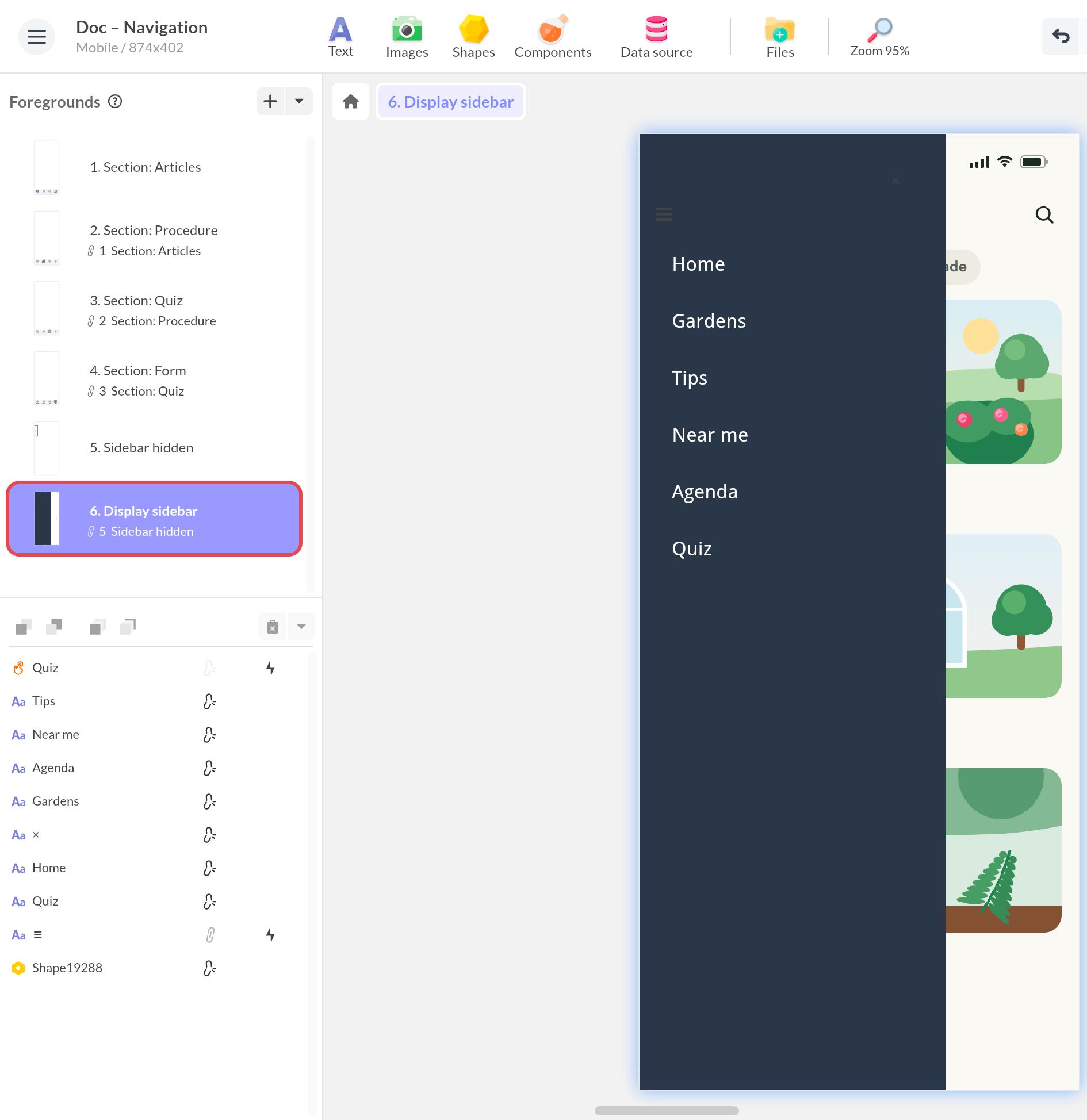 Nouvel avant-plan « Display sidebar », lié au premier : la sidebar est déplacée à gauche de l'écran, par-dessus le contenu