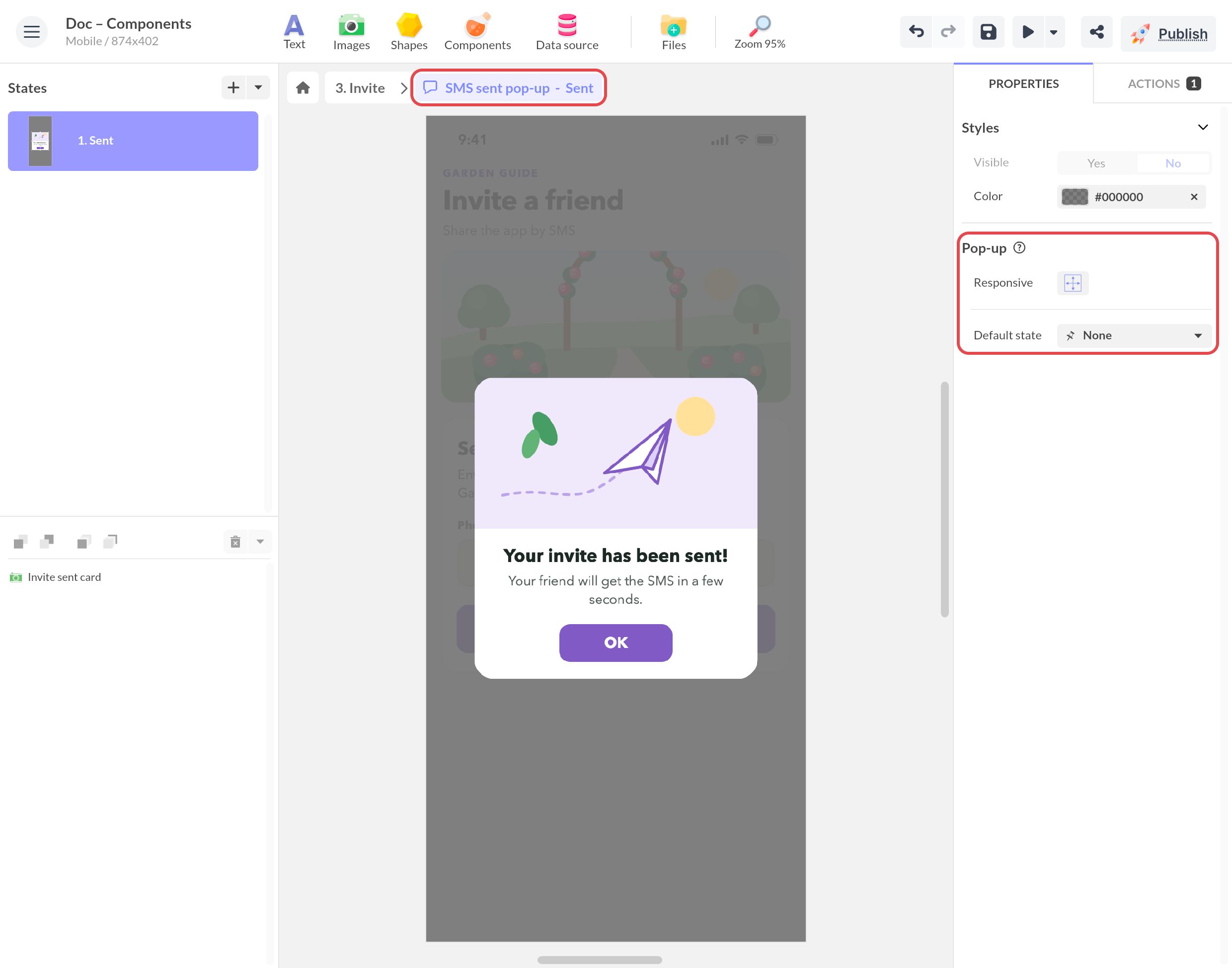 Pop-up SMS sent pop-up en cours d'édition : la carte « Your invite has been sent! » sur l'écran Invite assombri, avec les propriétés Pop-up