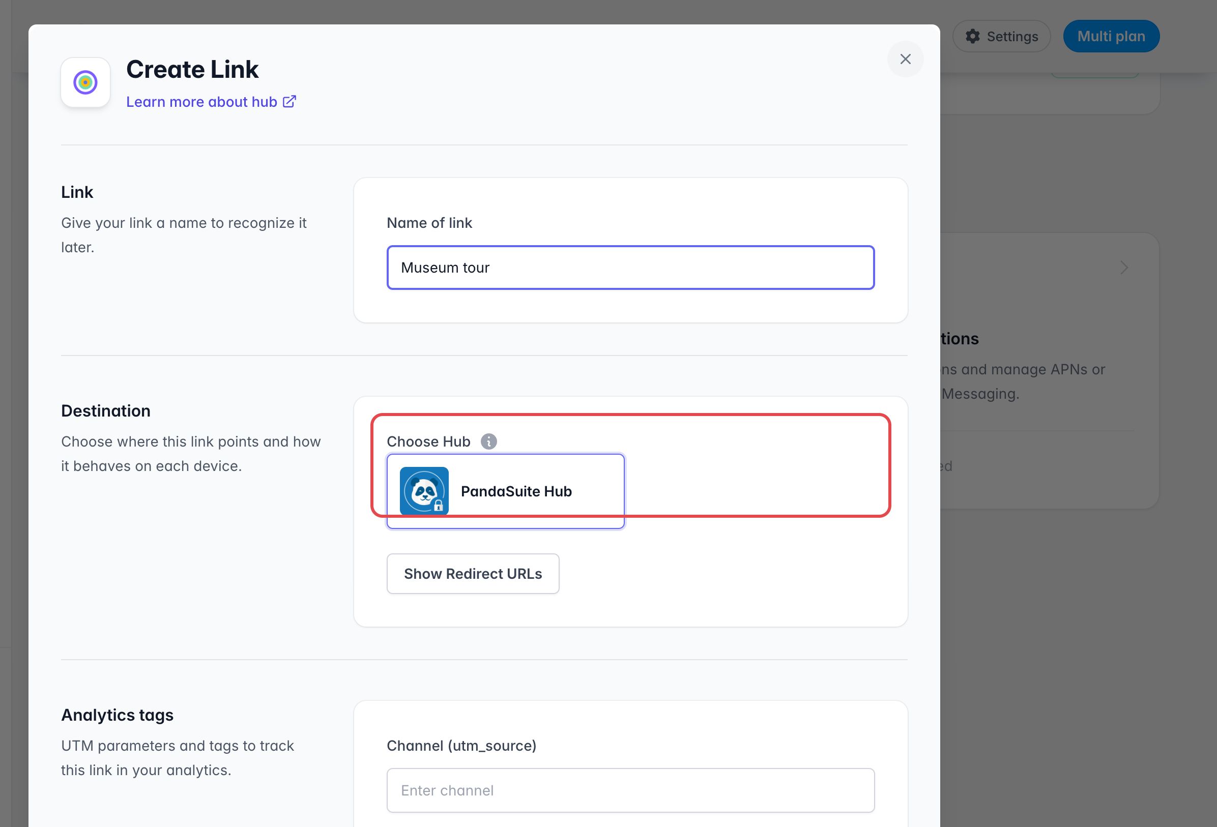Fenêtre Create Link : le nom du lien, et PandaSuite Hub encadré comme hub choisi