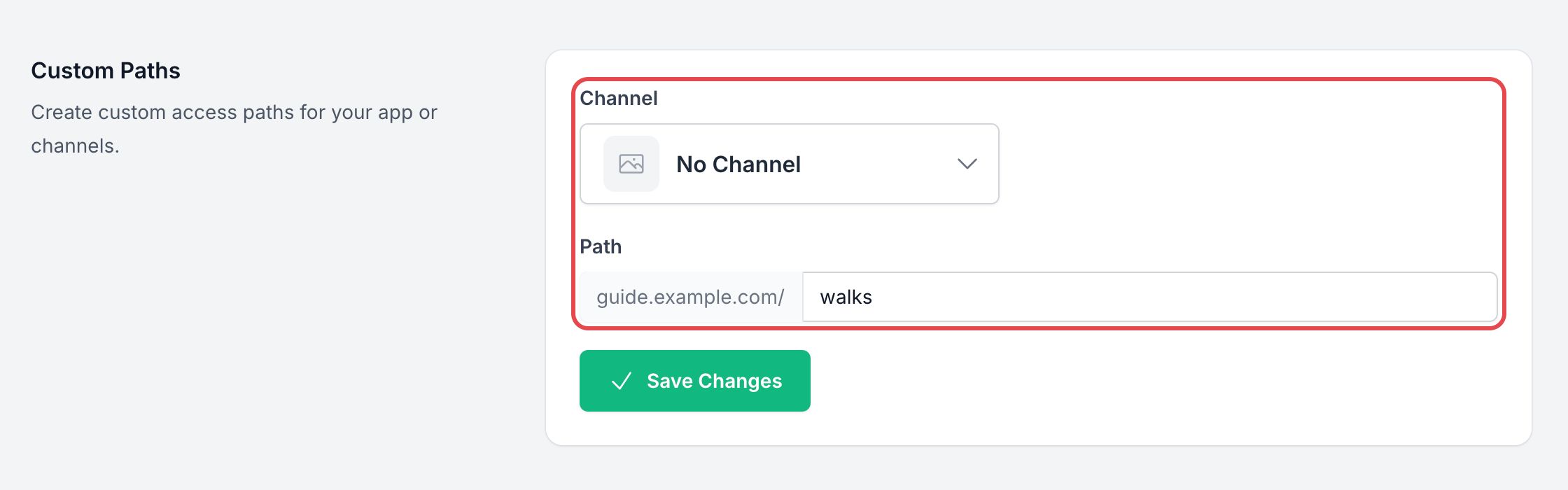 Section Custom Paths de l'onglet Hosting : la liste Channel, sur No Channel, et le champ Path après le domaine personnalisé sont encadrés
