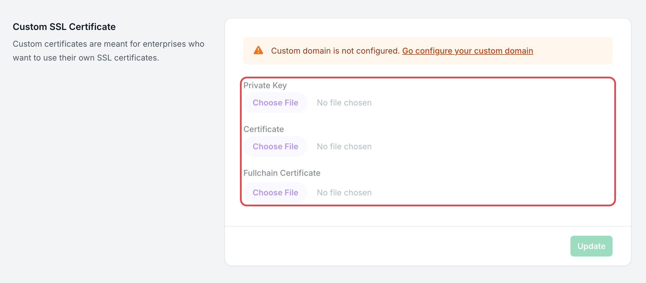 Section Custom SSL Certificate de la page de sécurité d'une app : les champs Private Key, Certificate et Fullchain Certificate sont encadrés