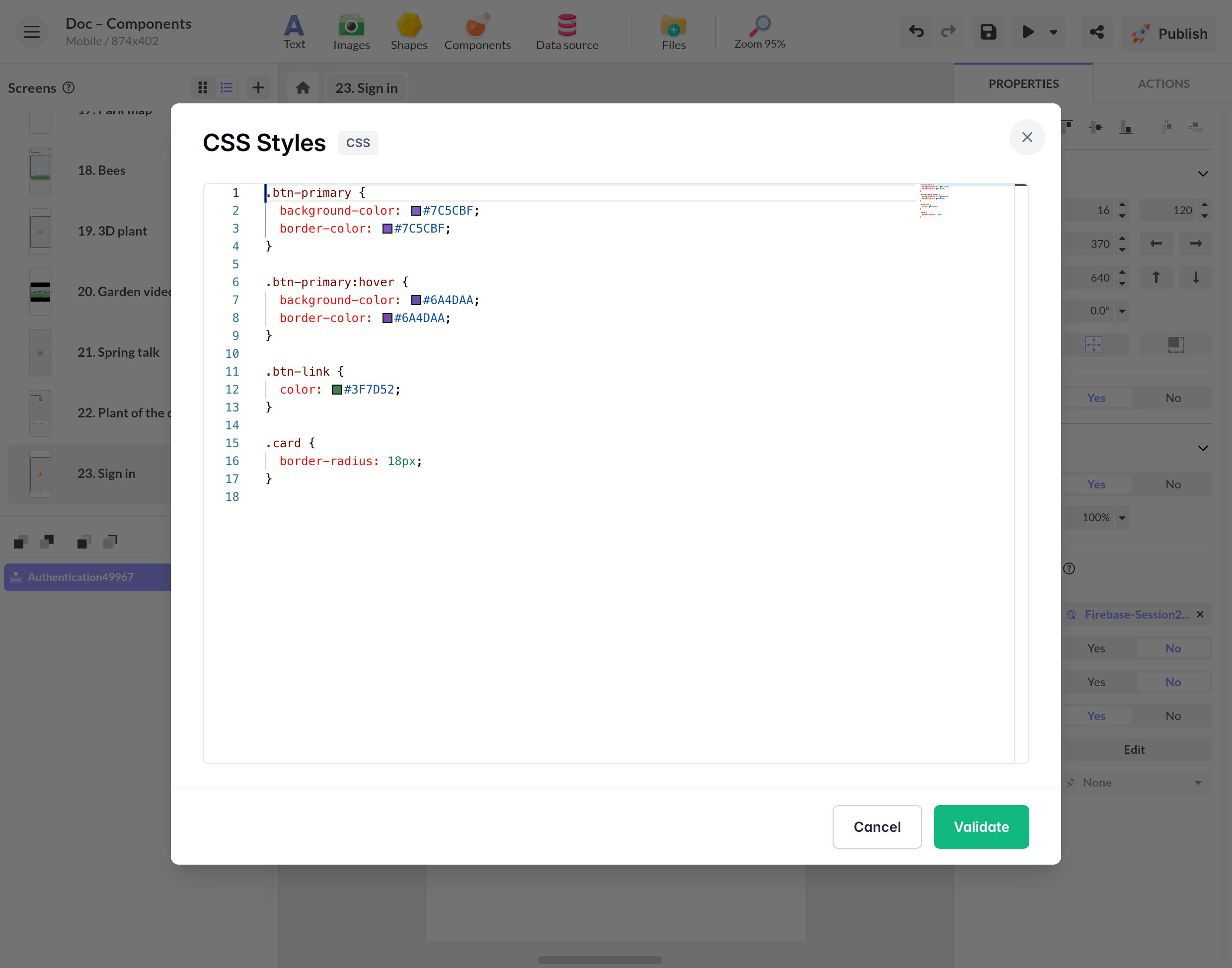 Éditeur CSS Styles du composant Authentification, avec des règles pour les boutons principaux, leur survol, le lien et les coins de la carte
