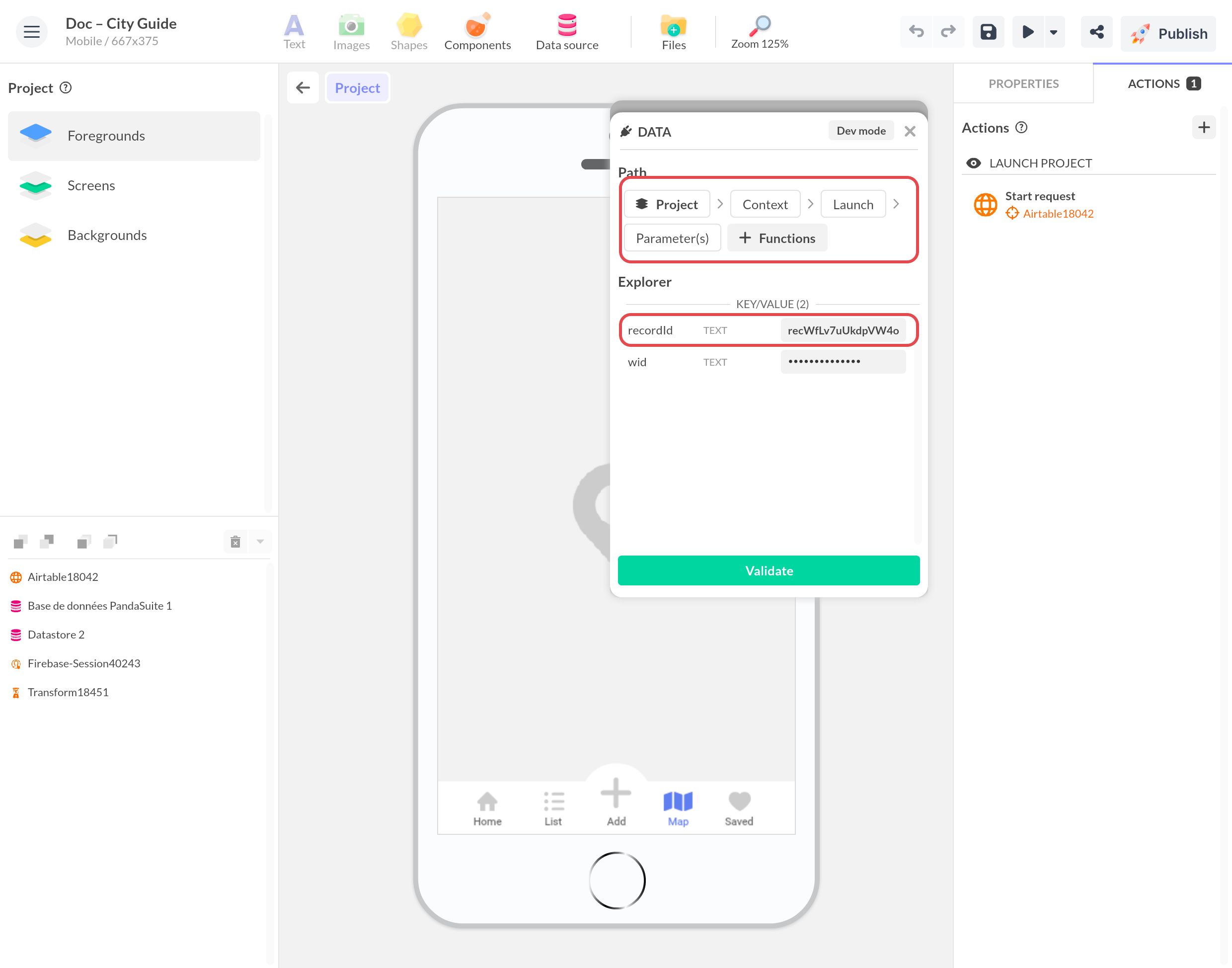 Fenêtre de données, chemin Project › Context › Launch › Parameter(s) : le paramètre d'URL recordId contient l'ID d'un record Airtable, encadré