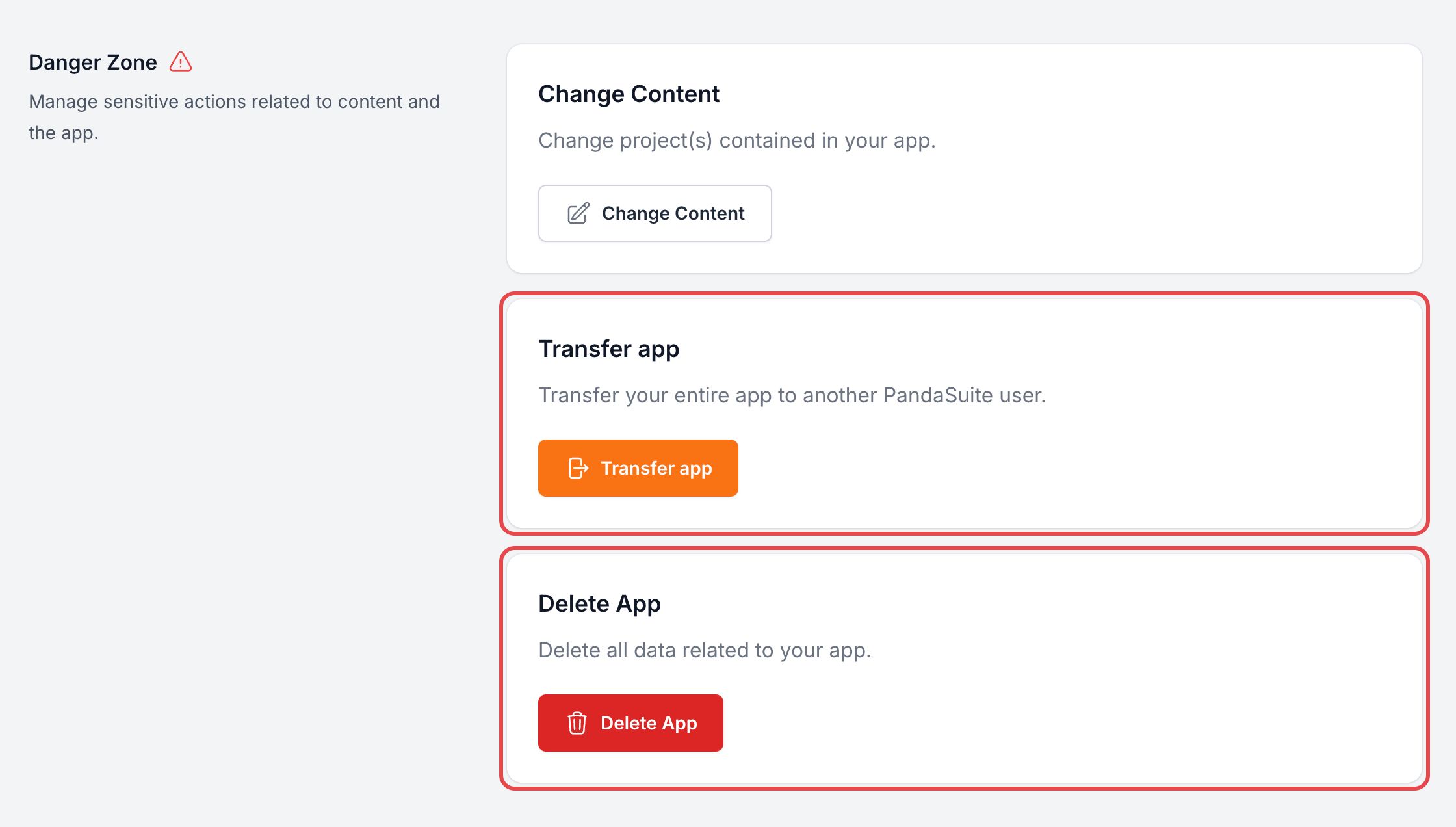 Danger Zone of the app settings: the Transfer app and Delete App cards are framed, below Change Content