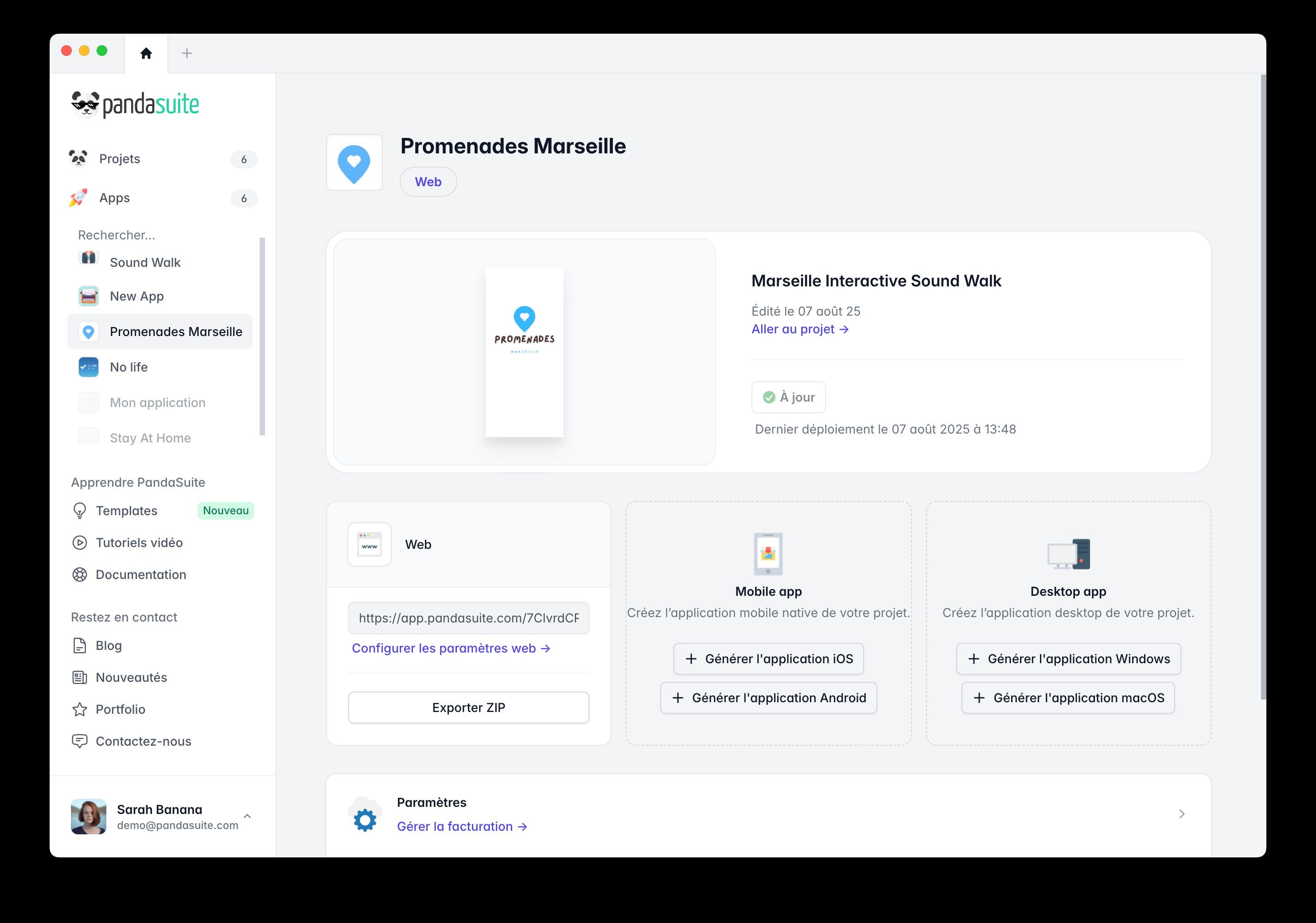 Illustration du dashboard et du bouton pour générer l'application Android