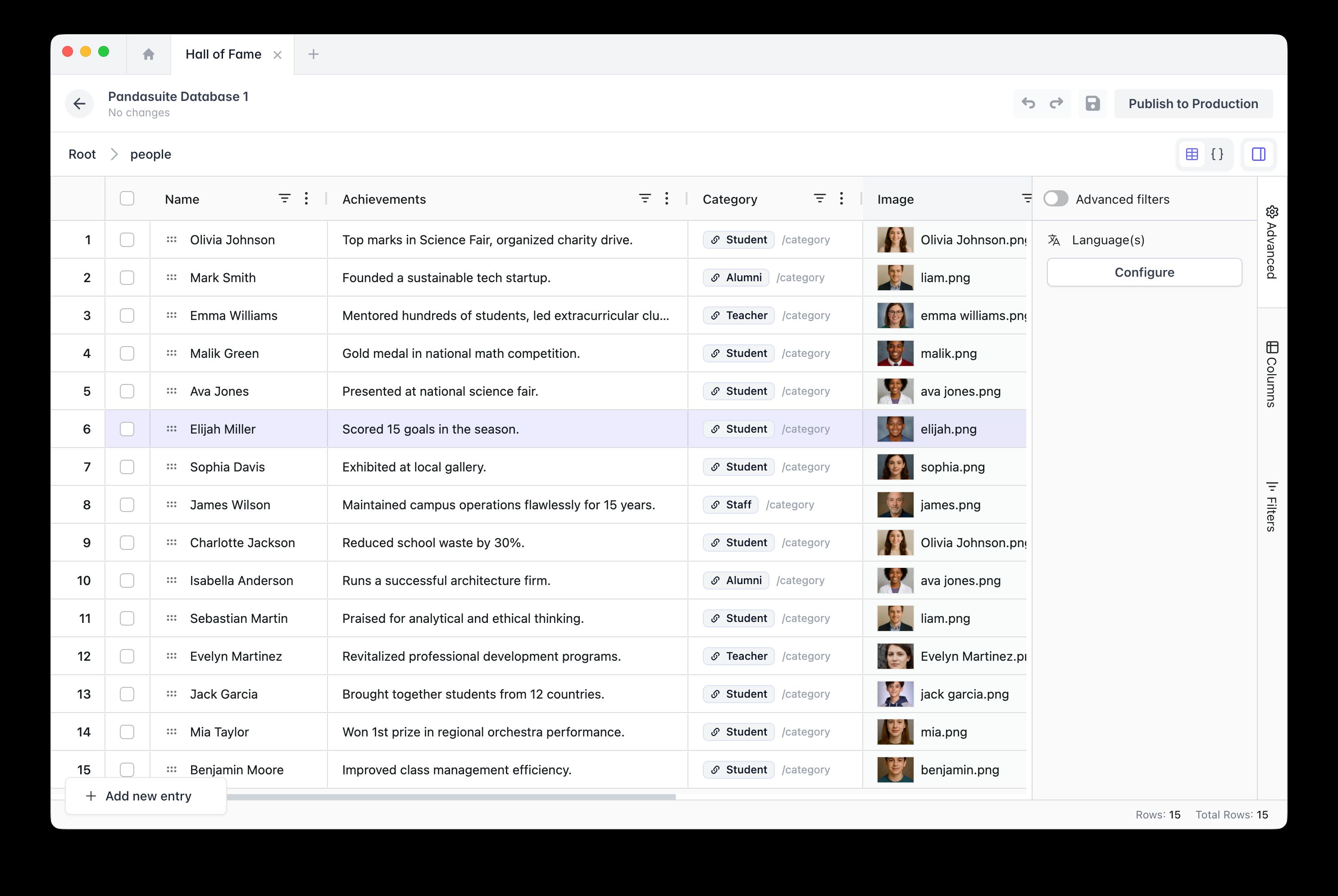 The Datastore in PandaSuite Studio: people collection with Name, Achievements, Category, and Image columns