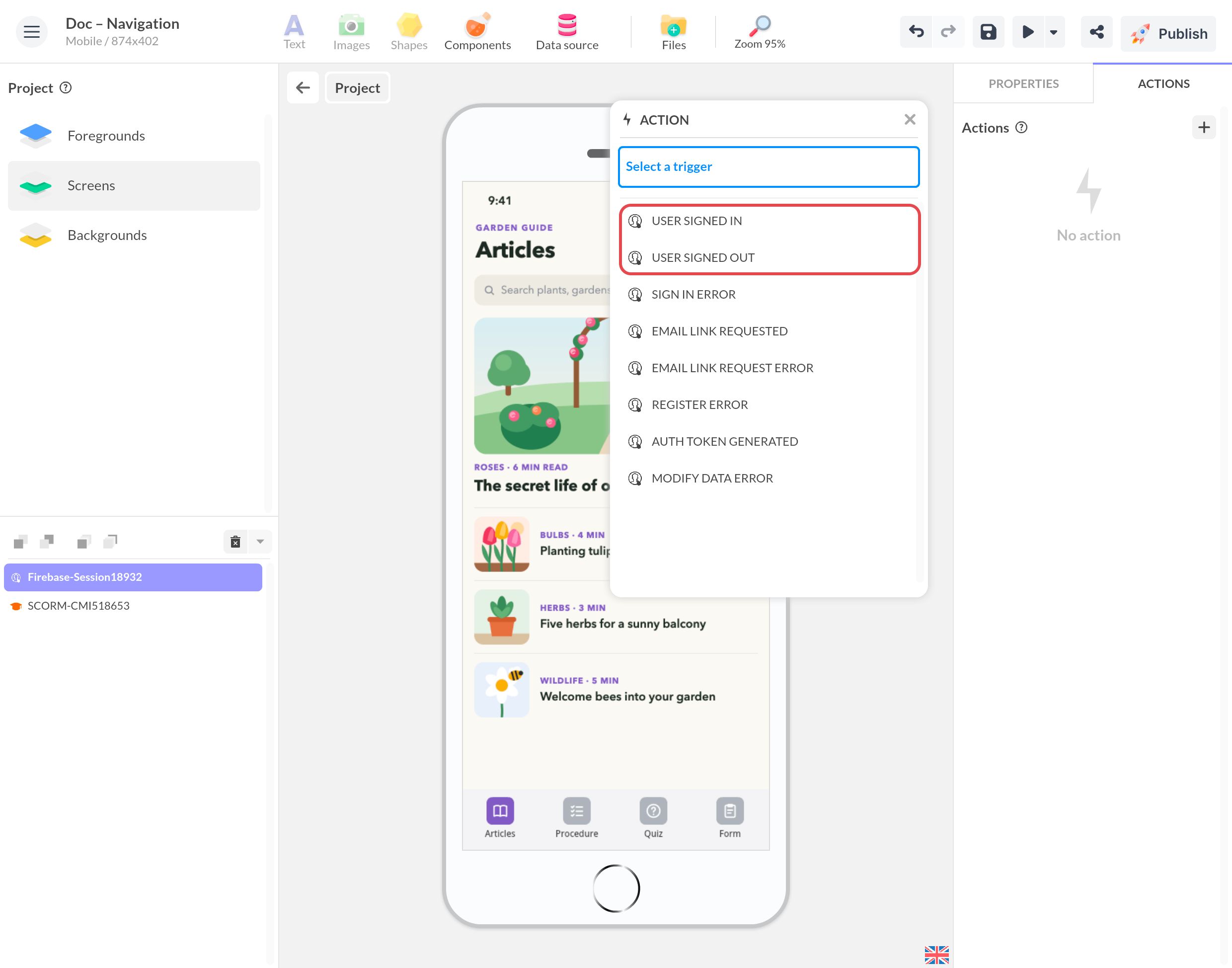 Déclencheurs du composant Session Firebase : Utilisateur connecté et Utilisateur déconnecté sont encadrés, avant les déclencheurs d'erreur