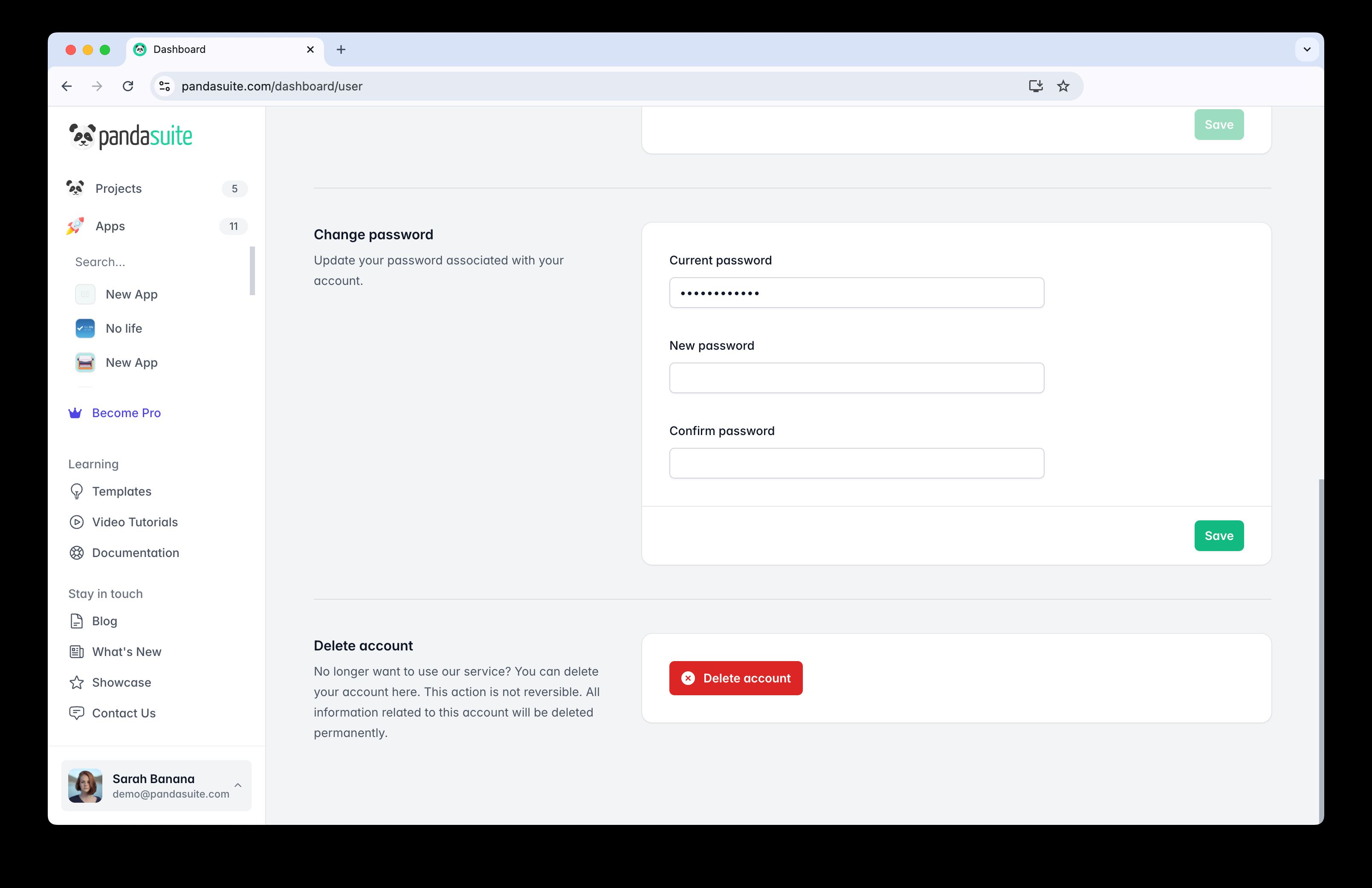 Screenshot of account deletion dashboard
