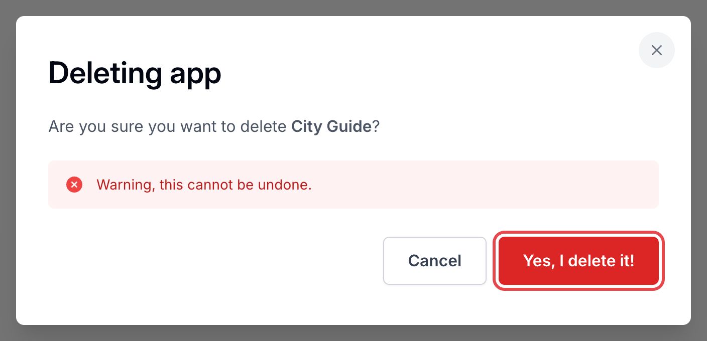 Deleting app window: the warning that the action cannot be undone and the framed Yes, I delete it! button