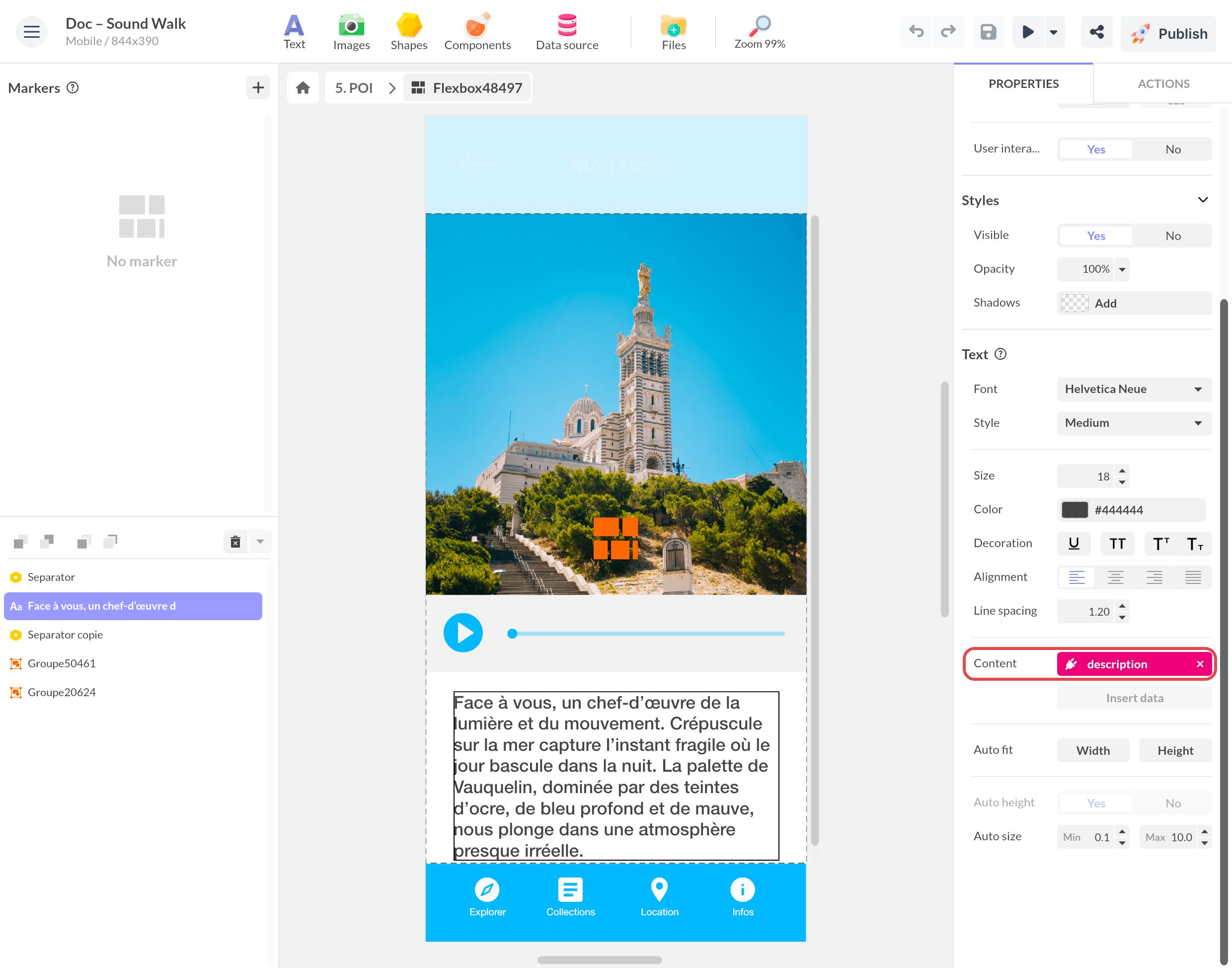 Écran 5. POI avec la photo de Notre-Dame de la Garde et un lecteur audio ; le Content du texte est lié au champ description, encadré