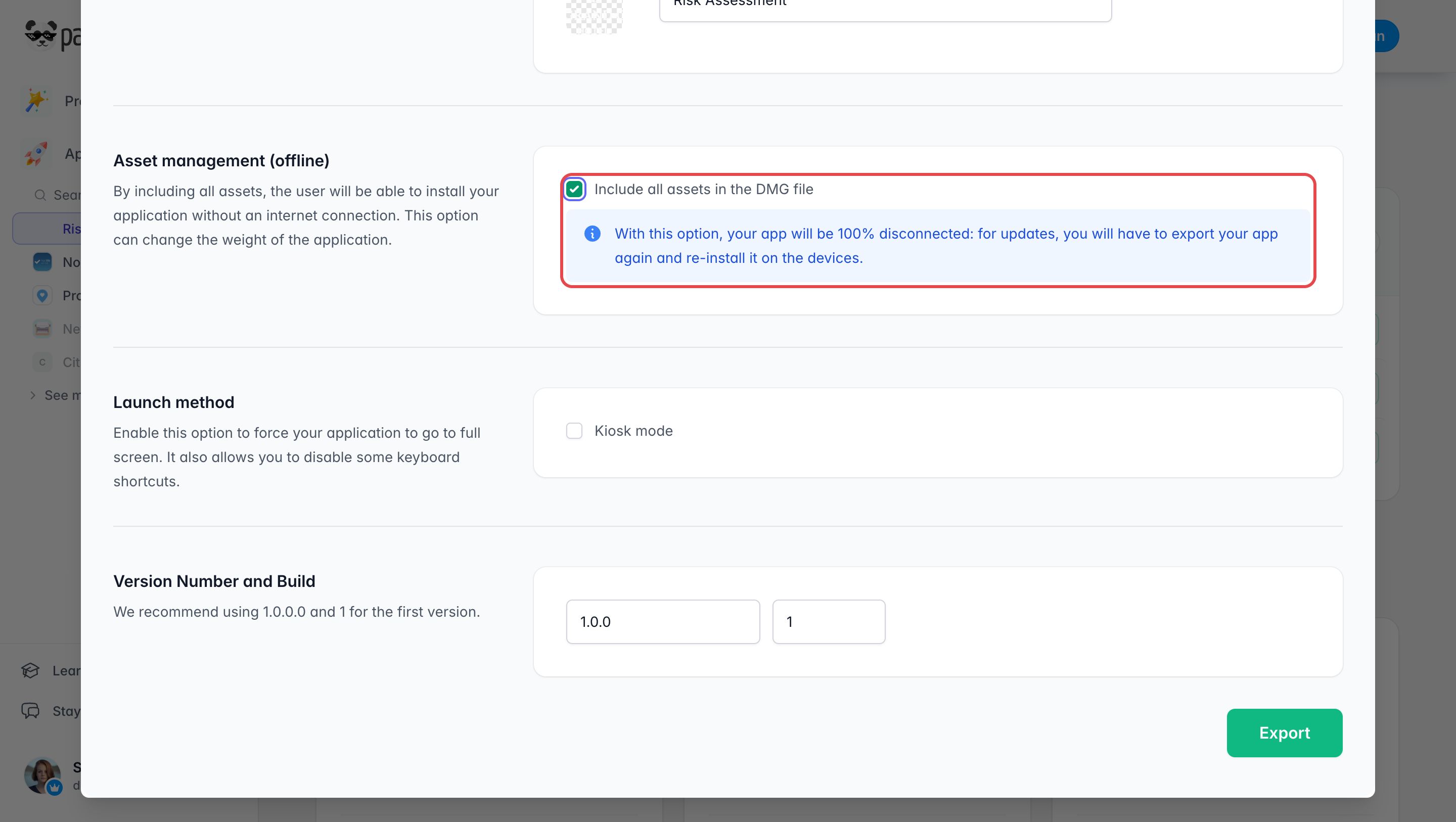 Formulaire d’export DMG : l’option Include all assets in the DMG file de la gestion des assets hors ligne est cochée et encadrée